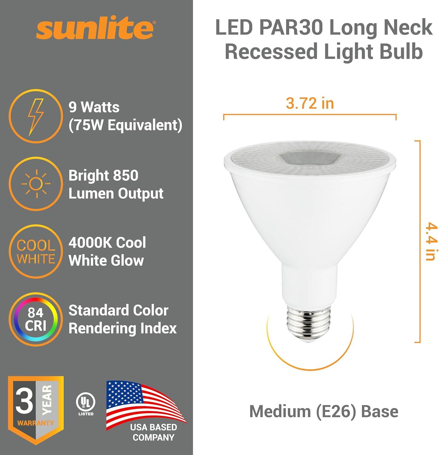 Sunlite LED PAR30 Long Neck Light Bulb, 9 Watt (75W Equiv), Medium E26 Base, Dimmable, Frosted, UL Listed, 4000K Cool White, 6-Pack