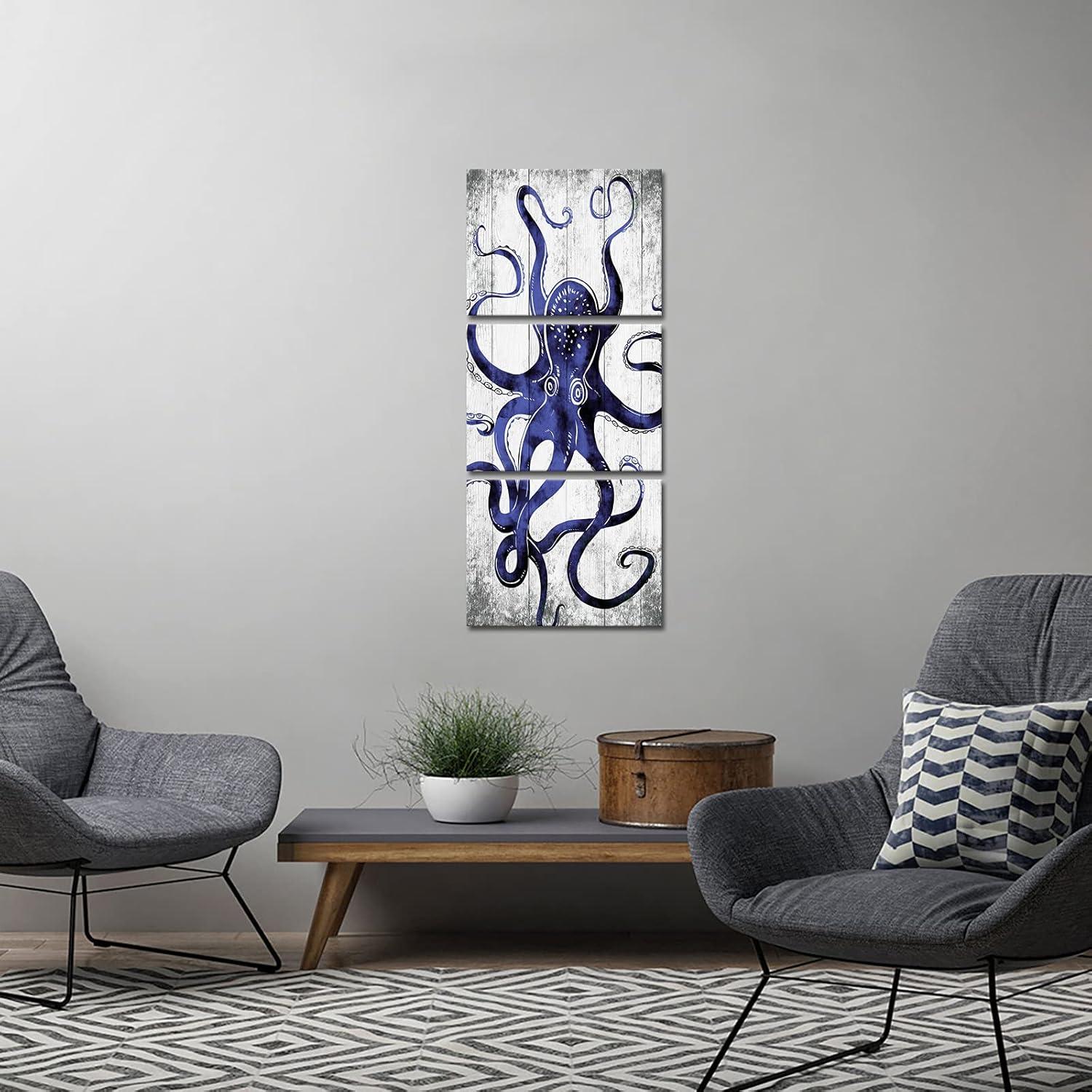 3 Piece Octopus Wall Art Painting Navy Blue Marine Animal Picture Print On Canvas Ocean Life Poster for Bathroom Bedroom Home Decor Decoration Gift Easy To Hang 12"x16"x3PCS