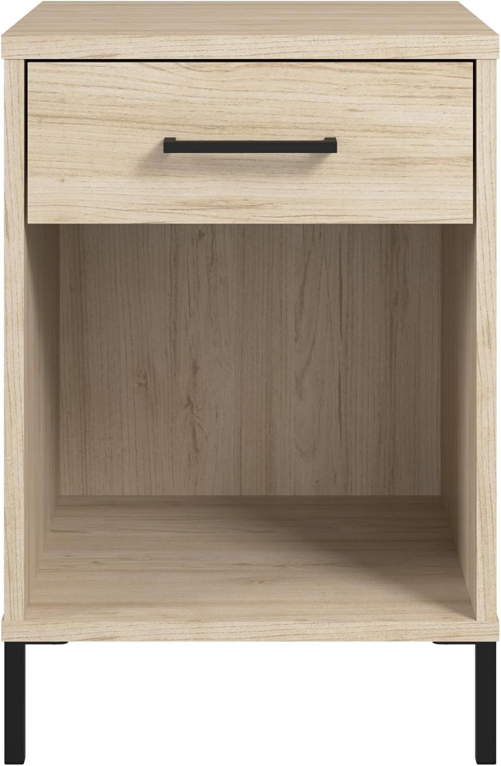 Natural Elm Small End Table with Drawer and Black Metal Legs