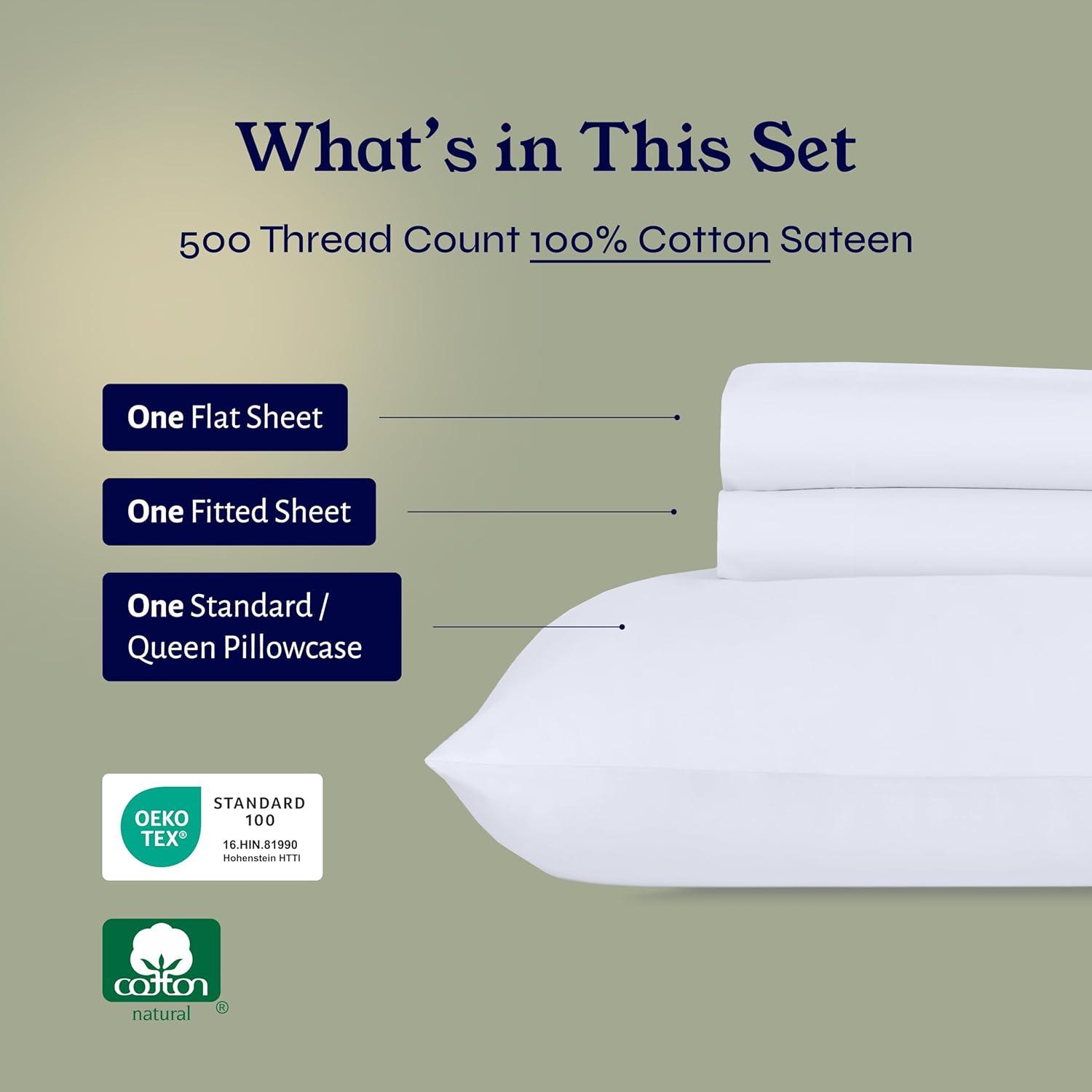 Pure White -Twin XL Sheet Set, 100% Extra Long Staple, 500 Thread Count Sateen Weave, 3 Piece Set, California Design Den
