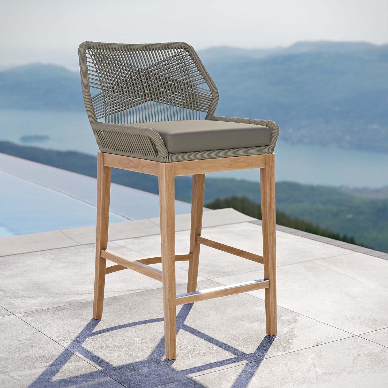 Teak and Woven Rope Outdoor Bar Stool with Cushion