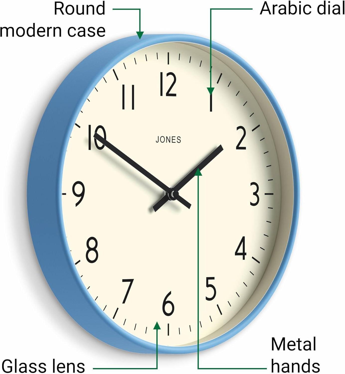 JONES CLOCKS® Studio Wall Clock | Modern Round Clock | 12 inch | Mid Blue | Easy to Read Numbers | Versatile Design for Kitchen, Living Room or Office