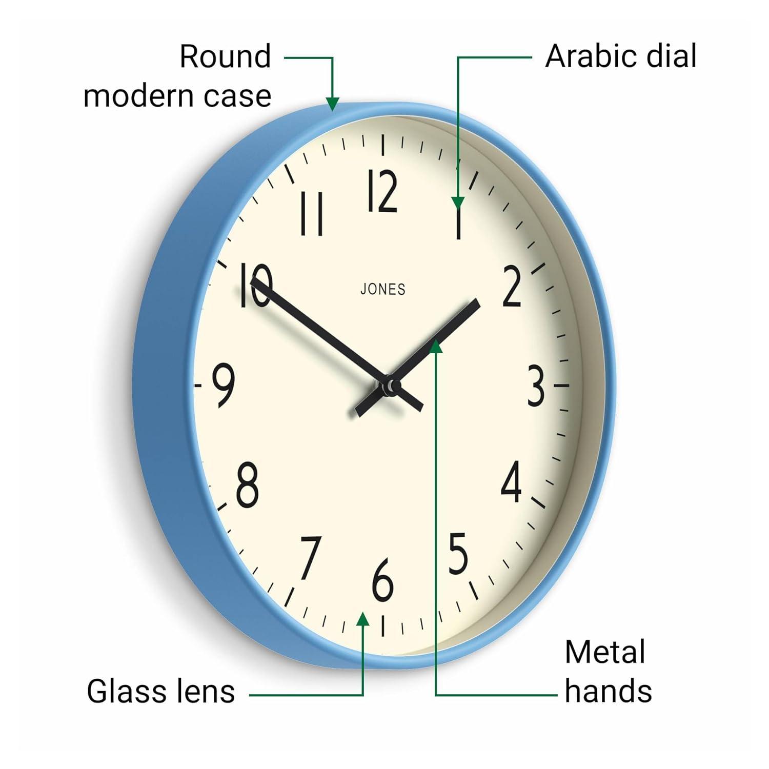 JONES CLOCKS® Studio Wall Clock | Modern Round Clock | 12 inch | Mid Blue | Easy to Read Numbers | Versatile Design for Kitchen, Living Room or Office