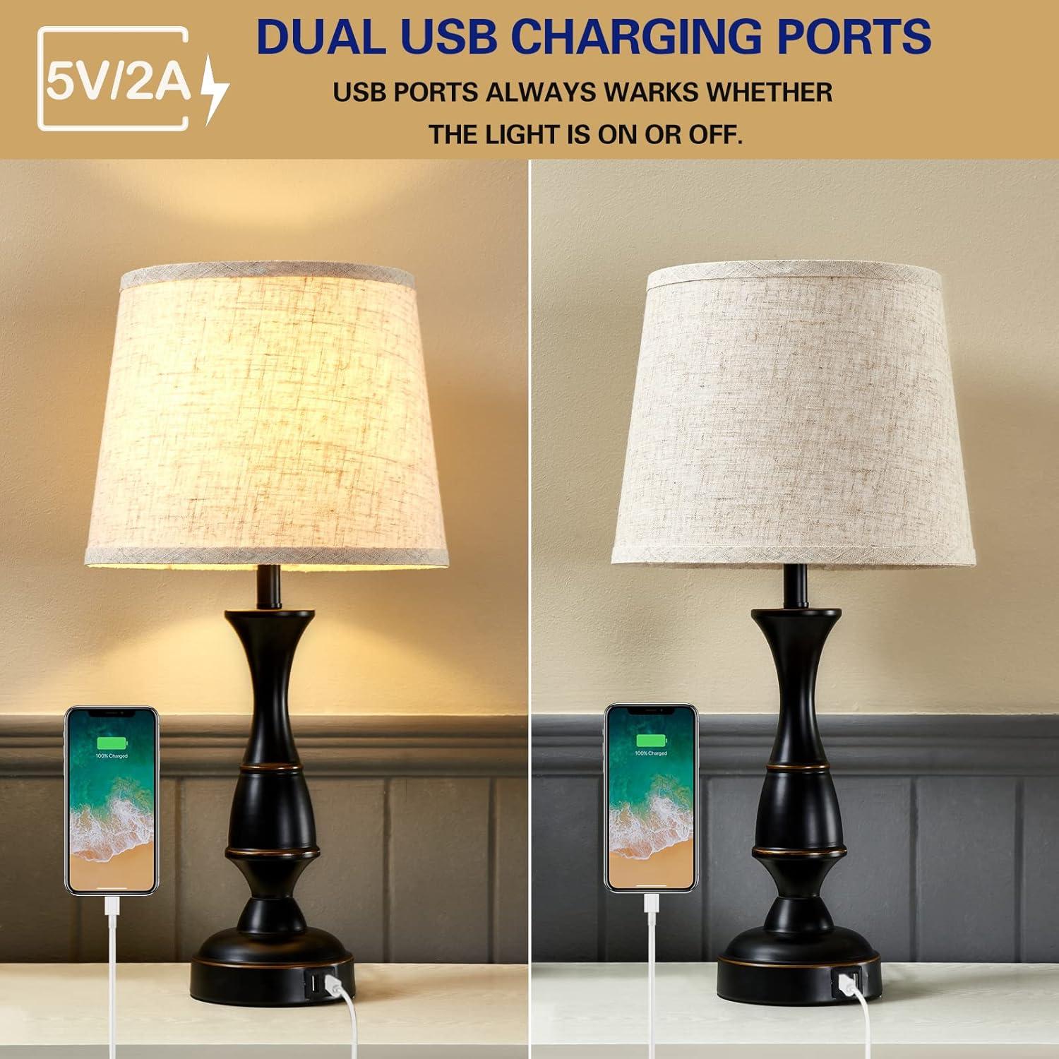 GyroVu Vintage Bedside Lamp Set of 2,Farmhouse Table Lamp Touch Control 3-Way Dimmable End Table Lamp with 2 USB Port, Desk Lamp Modern Nightstand Lamp for Living Room Bedroom Hotel Office