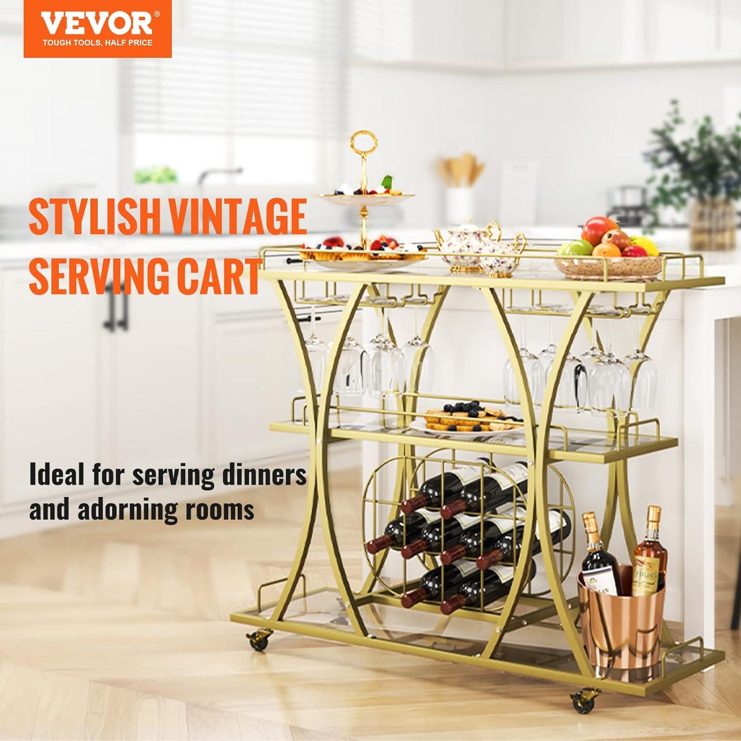 VEVOR Bar Cart Gold 3 Tiers Home Bar Serving Cart on Lockable Wheels with Tempered Glass Shelves Guardrail Wine Rack