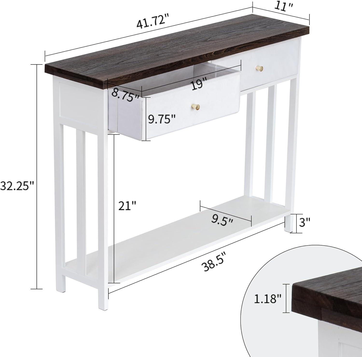 Console Table with 2 Fabric Drawers, 42" Solid Wood Entryway Table with Shelves, Storage Sofa Table for Entryway, Hallway, Living Room, Kitchen or Behind Couch in Foyer, White