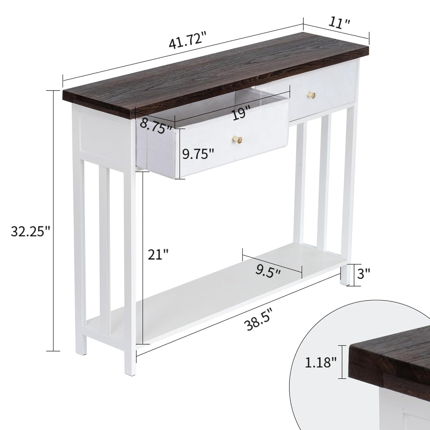 Console Table with 2 Fabric Drawers, 42" Solid Wood Entryway Table with Shelves, Storage Sofa Table for Entryway, Hallway, Living Room, Kitchen or Behind Couch in Foyer, White