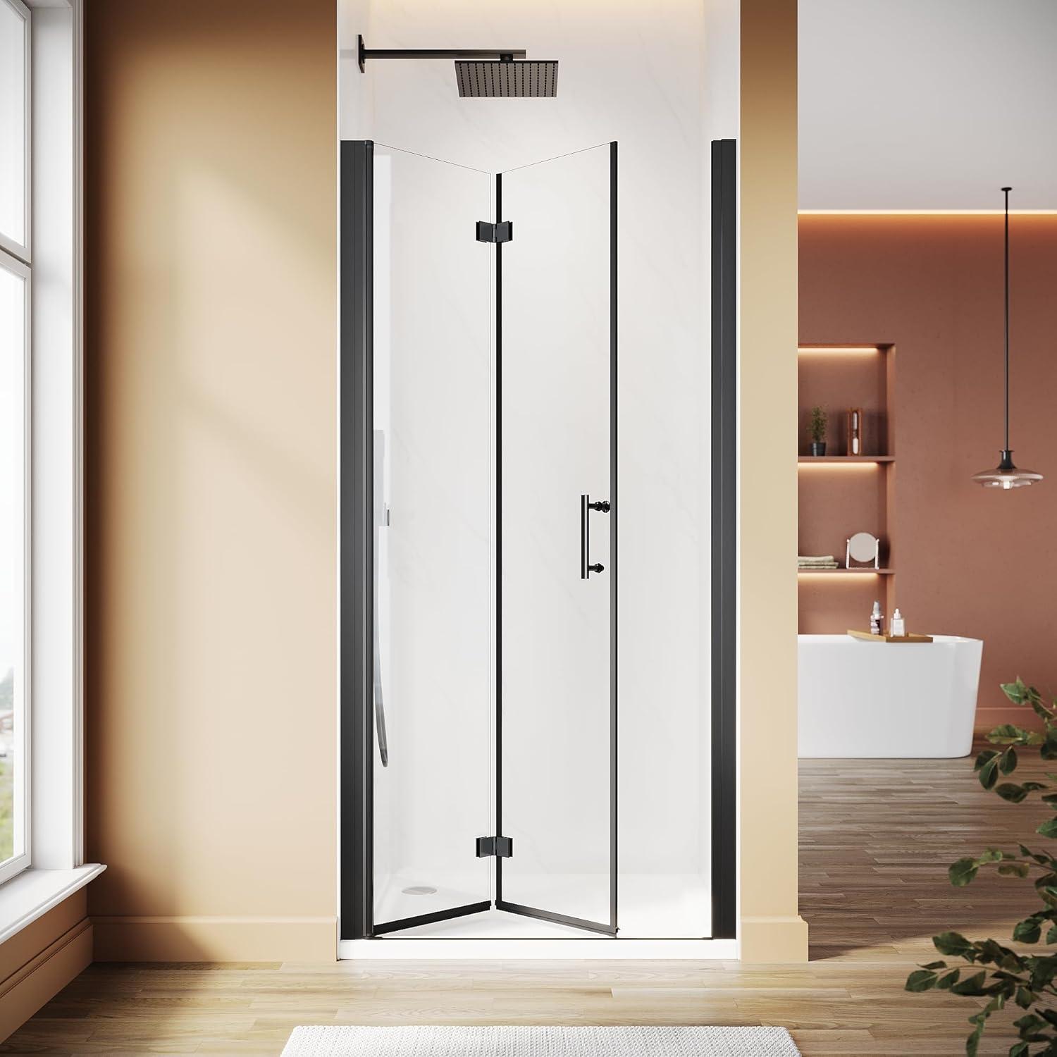 Sunny Shower Bifold Pivot Swing Frameless Shower Door in Black 34 in.W x 72 in.H