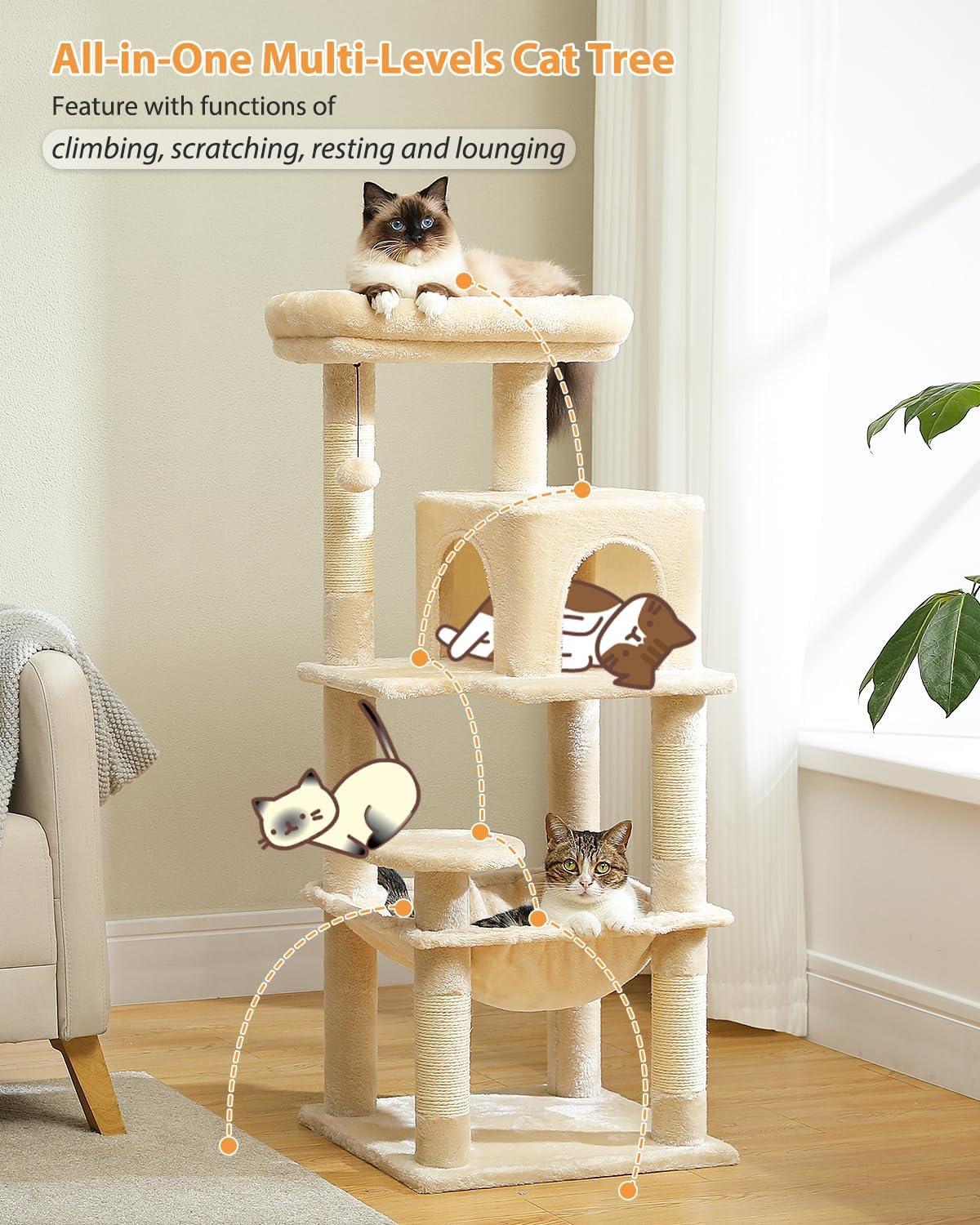 45.7" Cat Tree for Indoor Cats, 5-Level Cat Tower for Large Cats with Metal Frame Large Hammock (17.3"x15.3"), Cat Condo with (18.5"x13") Big Top Perch & 4 Sisal Covered Scratching Post Beige