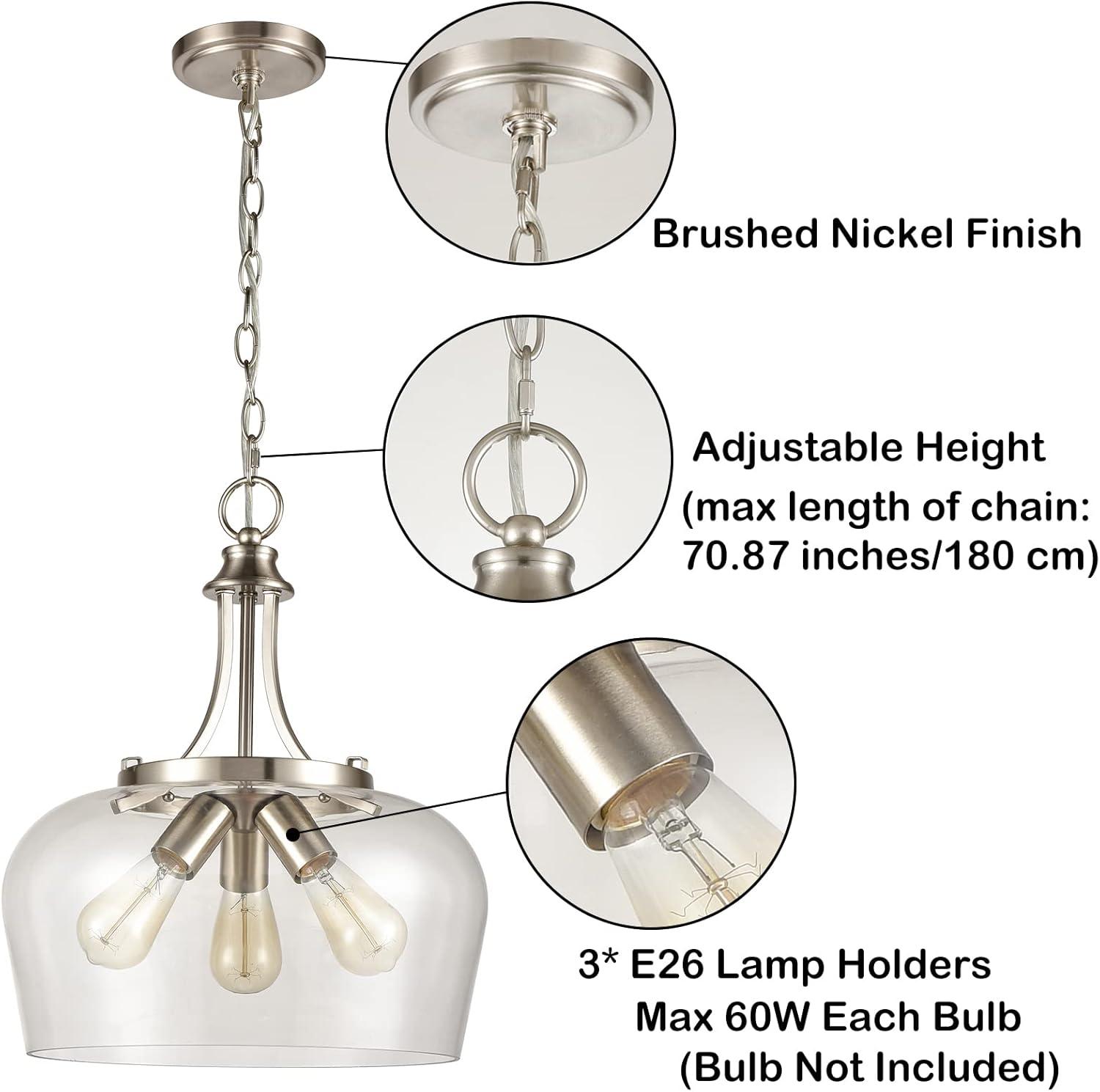 Modern Brushed Nickel 3-Light Clear Glass Pendant Light