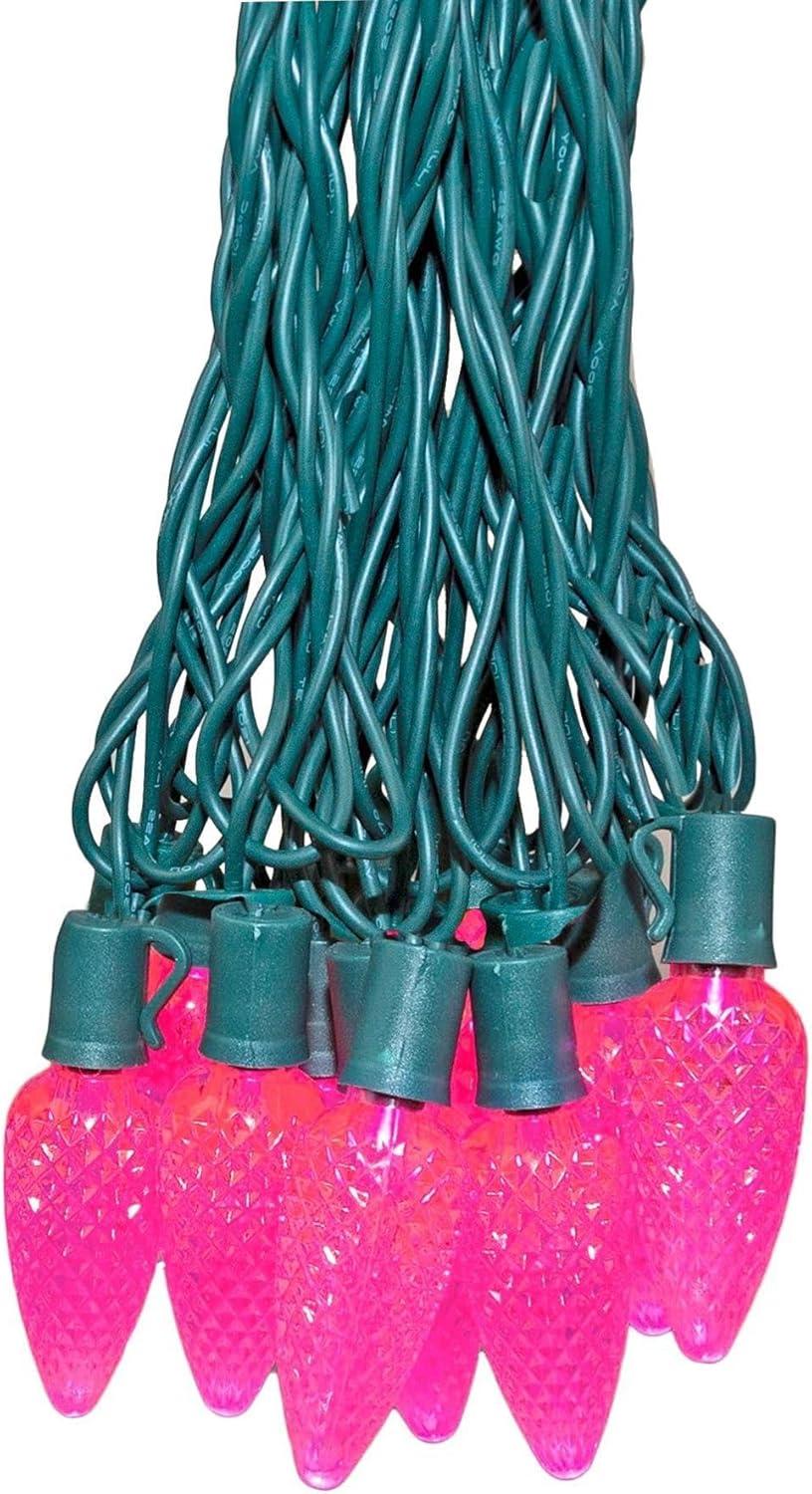 Novelty Lights LED Pink C9 Faceted, Green Wire (25 Bulbs, 120 V)