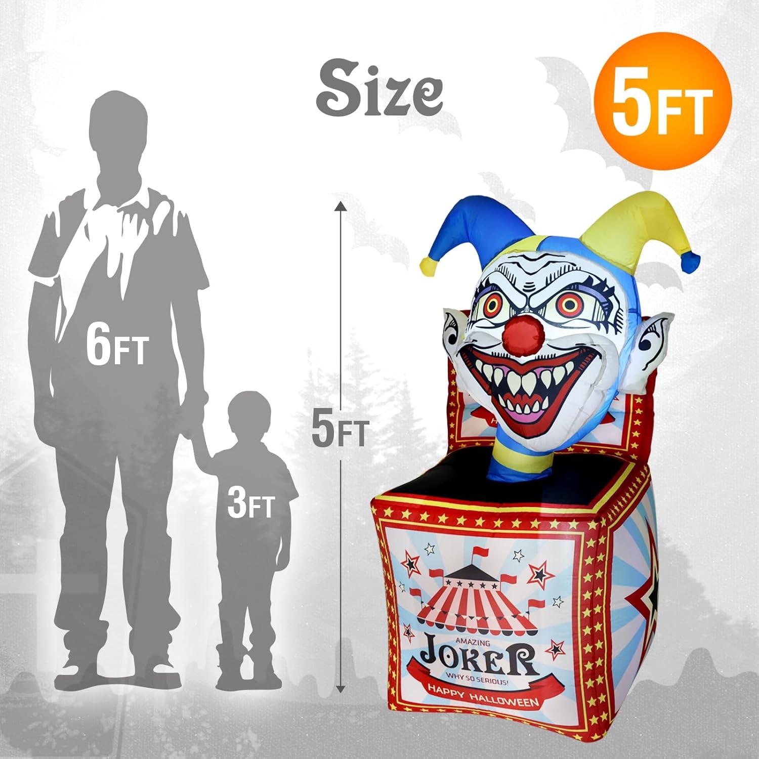 5 Ft Bright White Inflatable Halloween Clown Box with LED Light