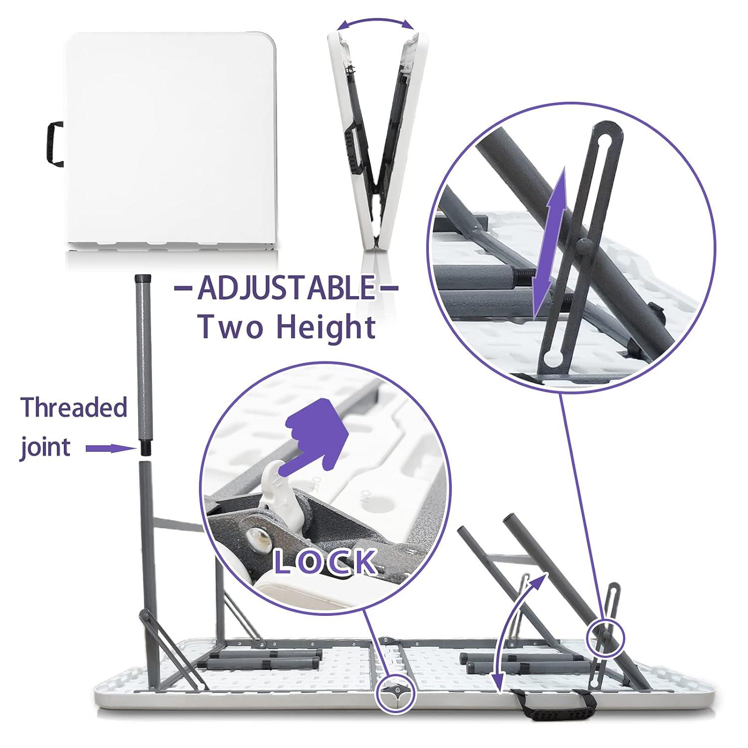 4 ft Portable Folding Table, Idustrial Heavy-Duty Foldable Table, HDPE Plastic Table, with Carrying Handle, Locks, Stright Legs for Indoor & Outdoor Party, Barbeque, Camping, Board Games - White
