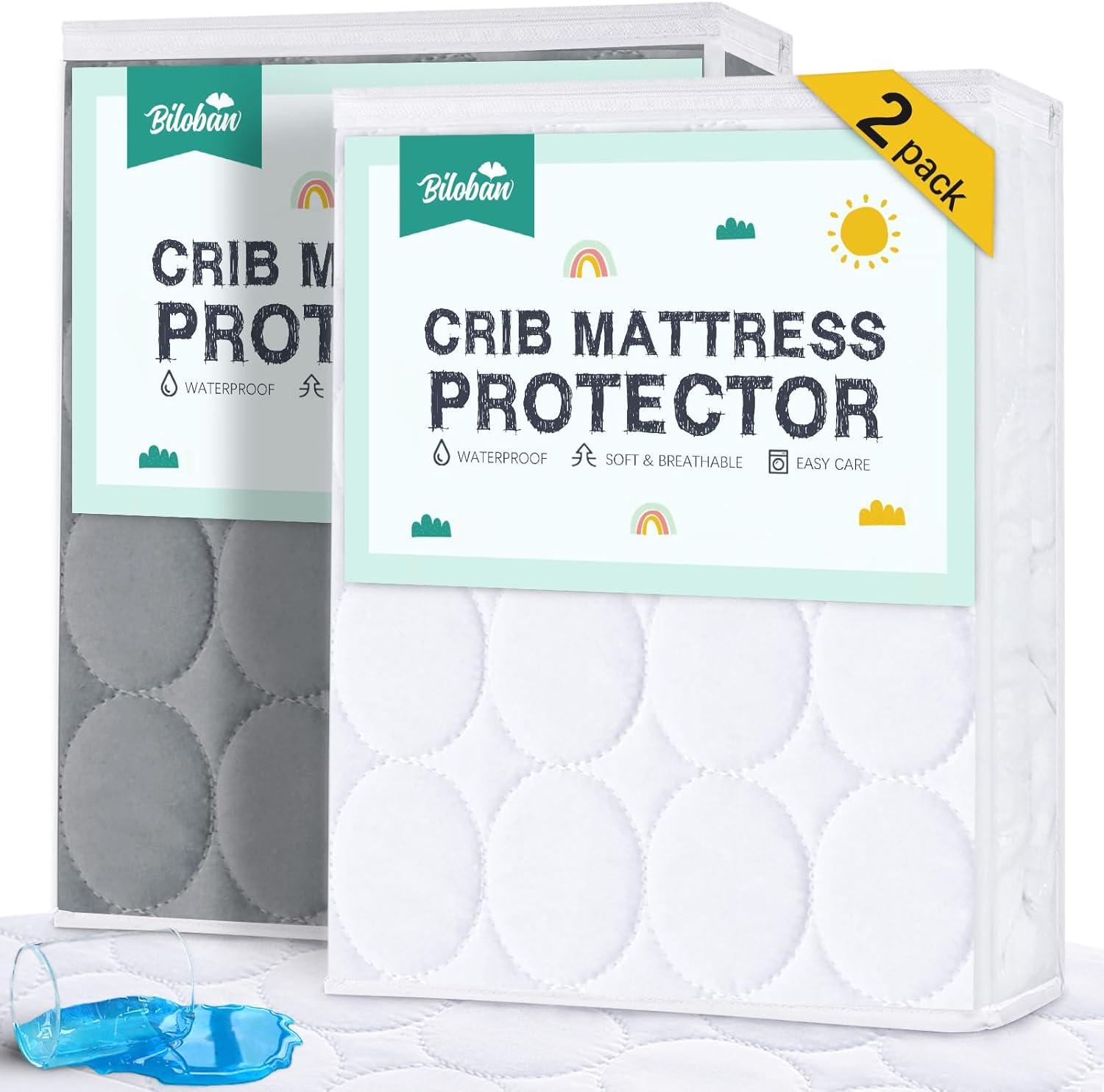 Biloban Waterproof Crib Mattress Protector 2 Pack, Fitted Crib Mattress Cover Sheets, Toddler Mattress Protector Fit Baby Toddler Bed Mattress Pad (Standard Size 52" x 28")