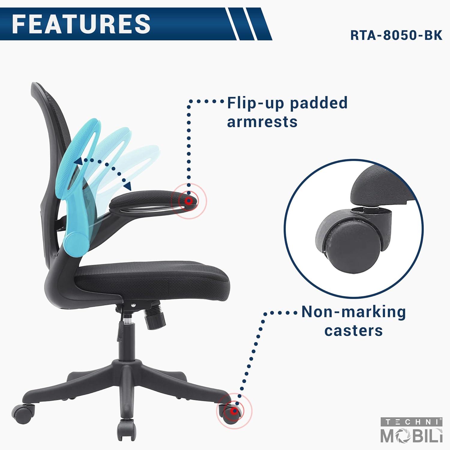 Techni Mobili Mesh Task Office Chair with Flip Up Arms Black - Techni Mobili: Ergonomic, Adjustable, Swivel, Nylon Frame