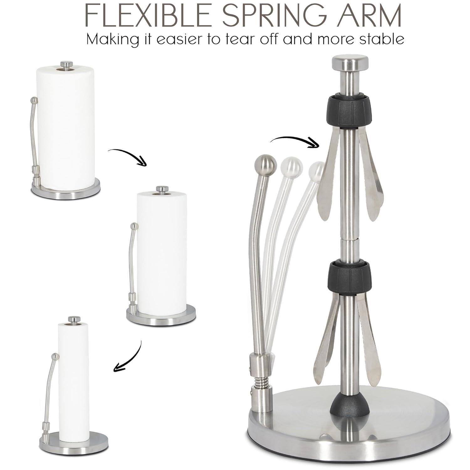 Washranp Paper Towel Holderwith Spray Bottle,Stainless Steel Easy to Tear Paper Towel Dispenser Weighted Base Adjustable Spring Arm to Hold Any Type of Paper Towels