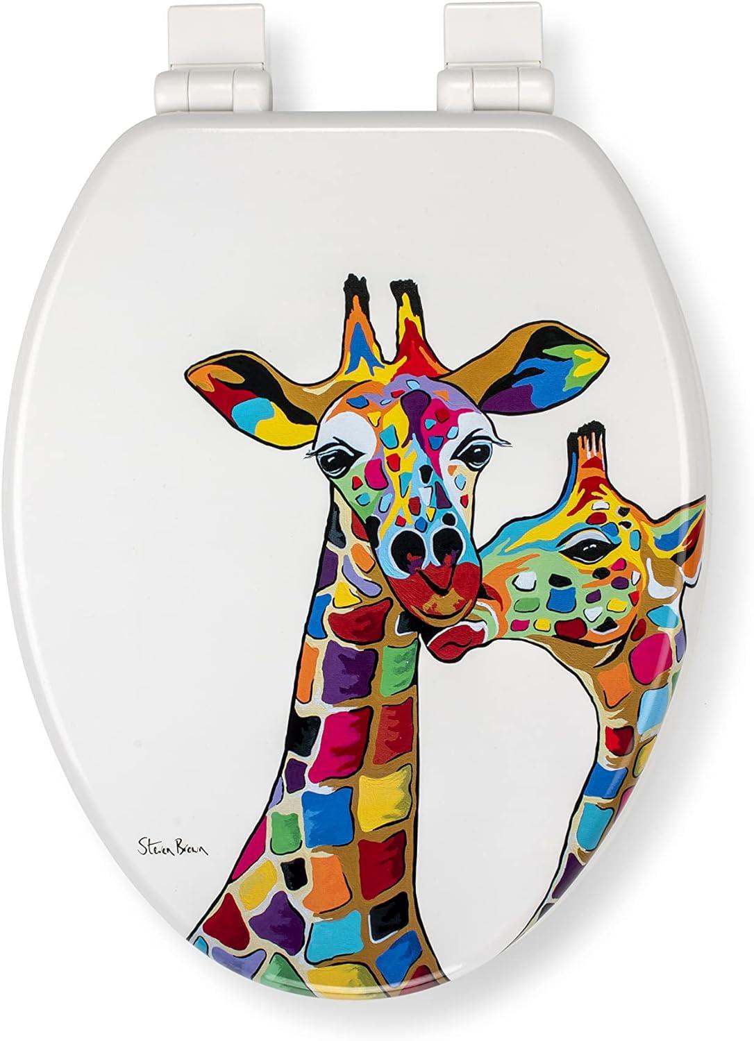 Croydex Steven Brown Artwork 19in Round Wood Toilet Seat, Colorful Giraffes Design