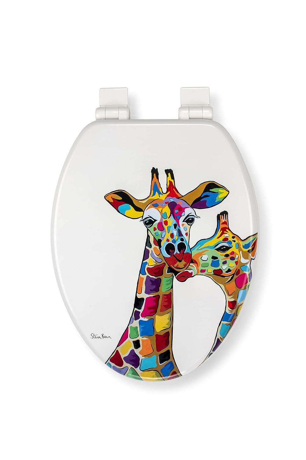 Croydex Steven Brown Artwork 19in Round Wood Toilet Seat, Colorful Giraffes Design