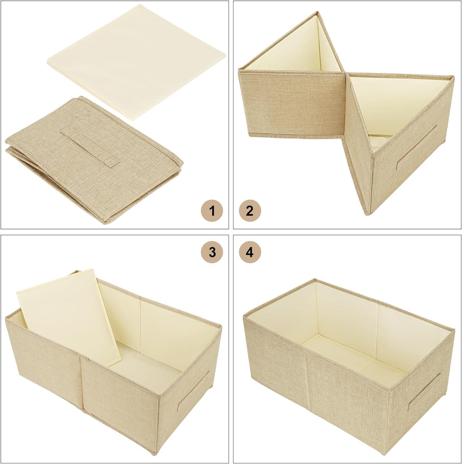 Beige Linen Foldable Storage Bins with Handles, 3-Pack