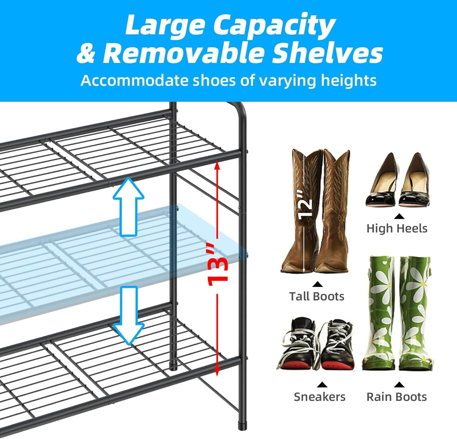 YASONIC Shoe Rack Storage Organizer, 3-Tier Black Shoe Shelf, 24 Pairs, Iron Poles & Plastic Connectors