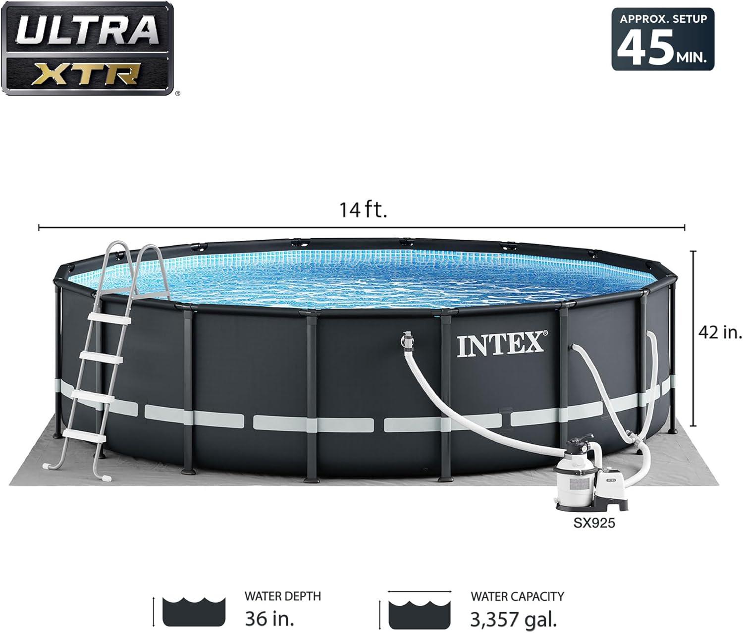 Intex Ultra XTR Frame 14'x42" Round Above Ground Outdoor Swimming Pool Set with Sand Filter Pump, Ground Cloth, Ladder, and Pool Cover