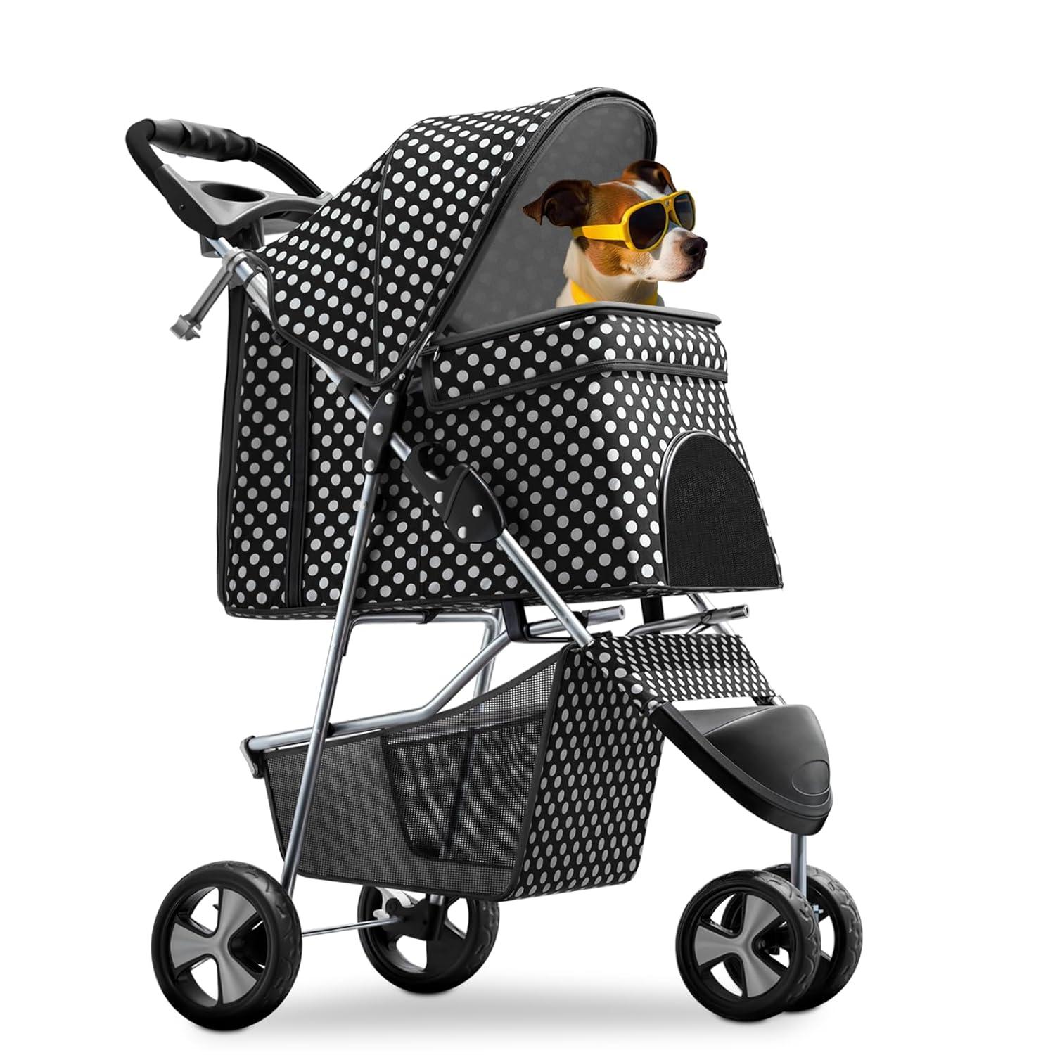 Magshion Foldable Pet Dog and Cat Stroller with Adjustable Canopy Storage Basket and Cup Holder for Small and Medium Pets