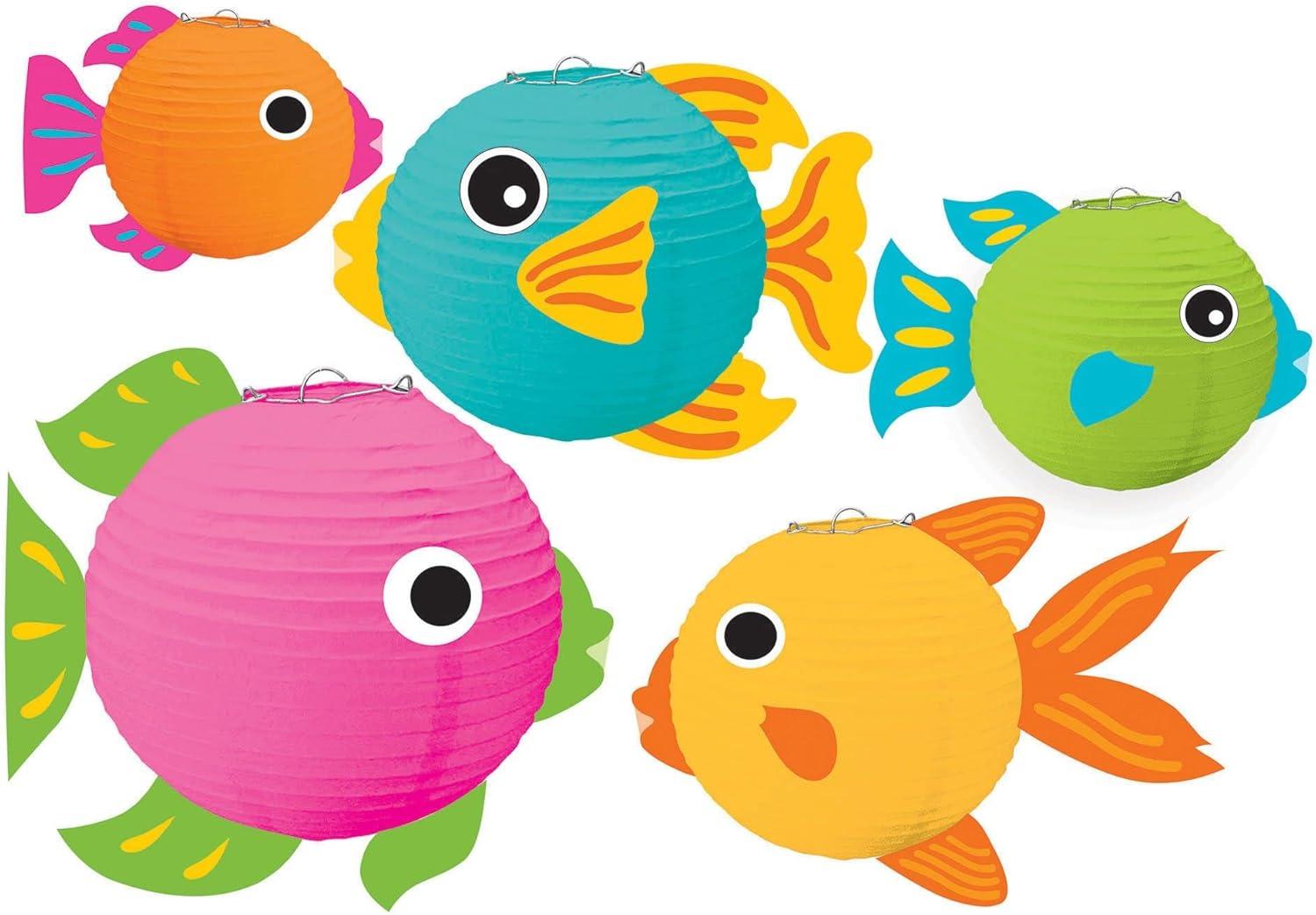 Amscan Summer Luau Fish Lanterns, 5-3/4"H x 7-3/4"W x 9-1/2"D, Multicolor, Pack Of 5 Lanterns