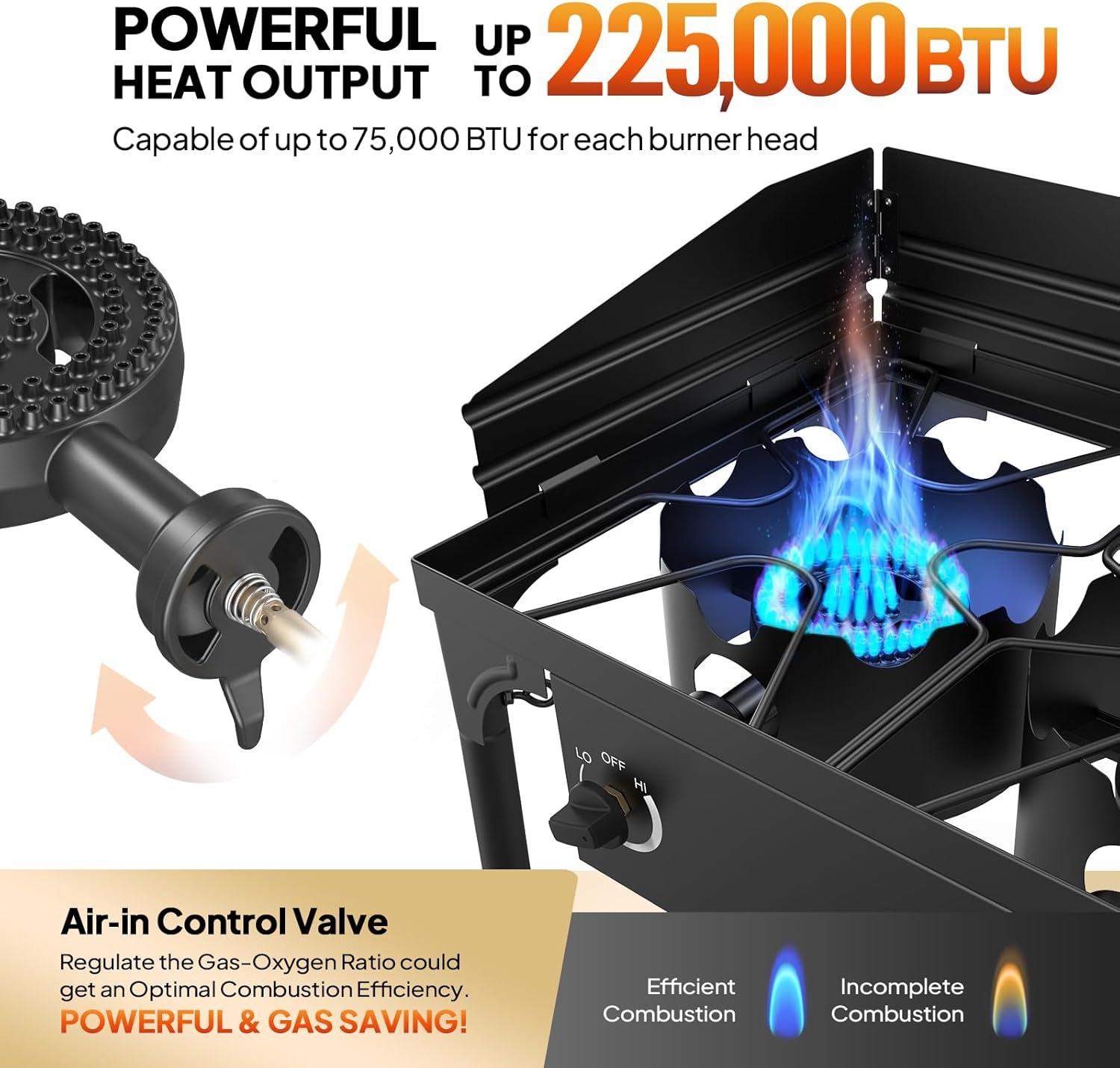 ZHOUJIA 3 Burner Outdoor Propane Stove, 225,000 BTU Gas Cooker Patio Camping BBQ