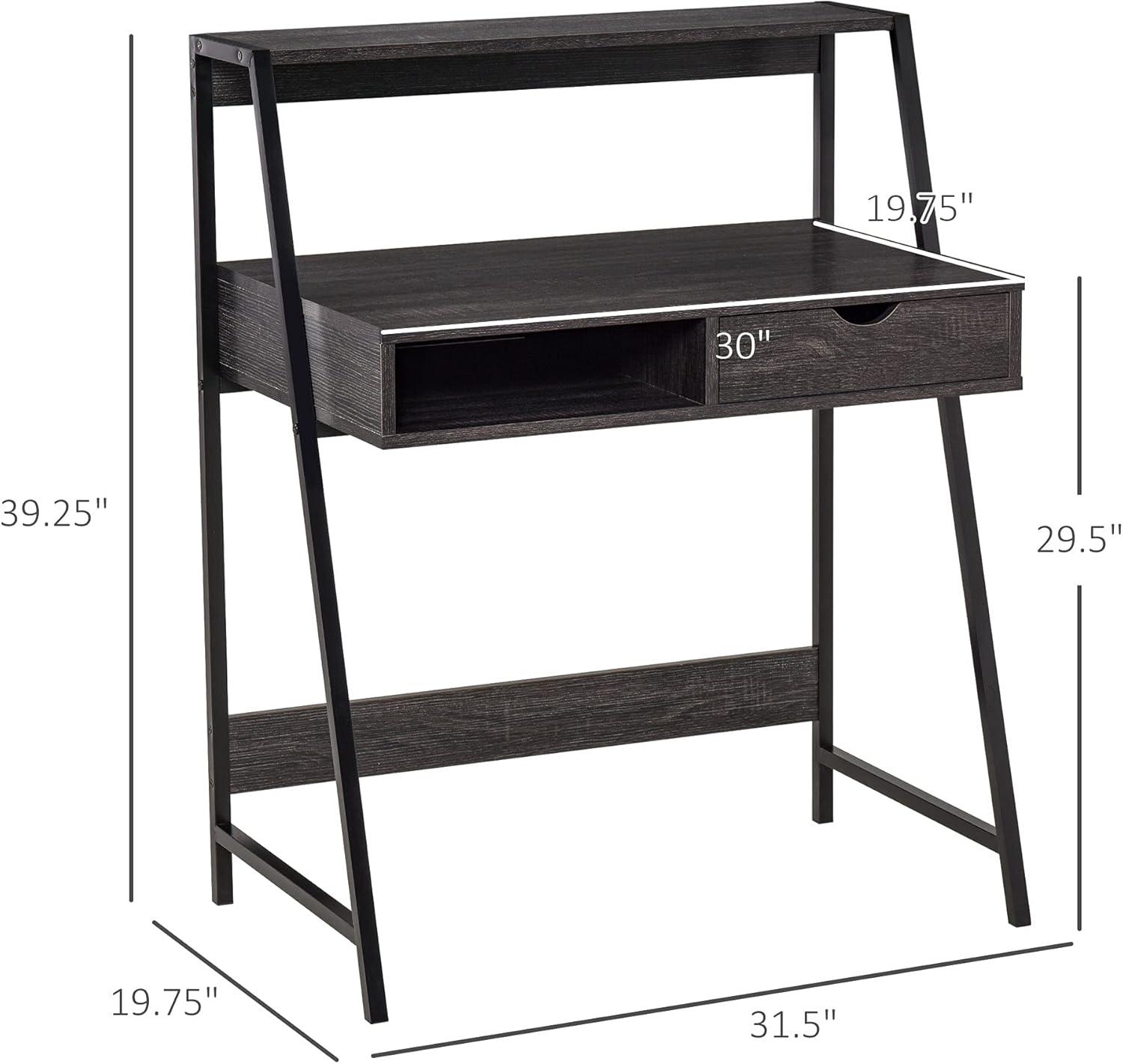 HomCom Home Office Desk, Computer Desk for Small Spaces, Writing Table with Drawer and Storage Shelves, Grey