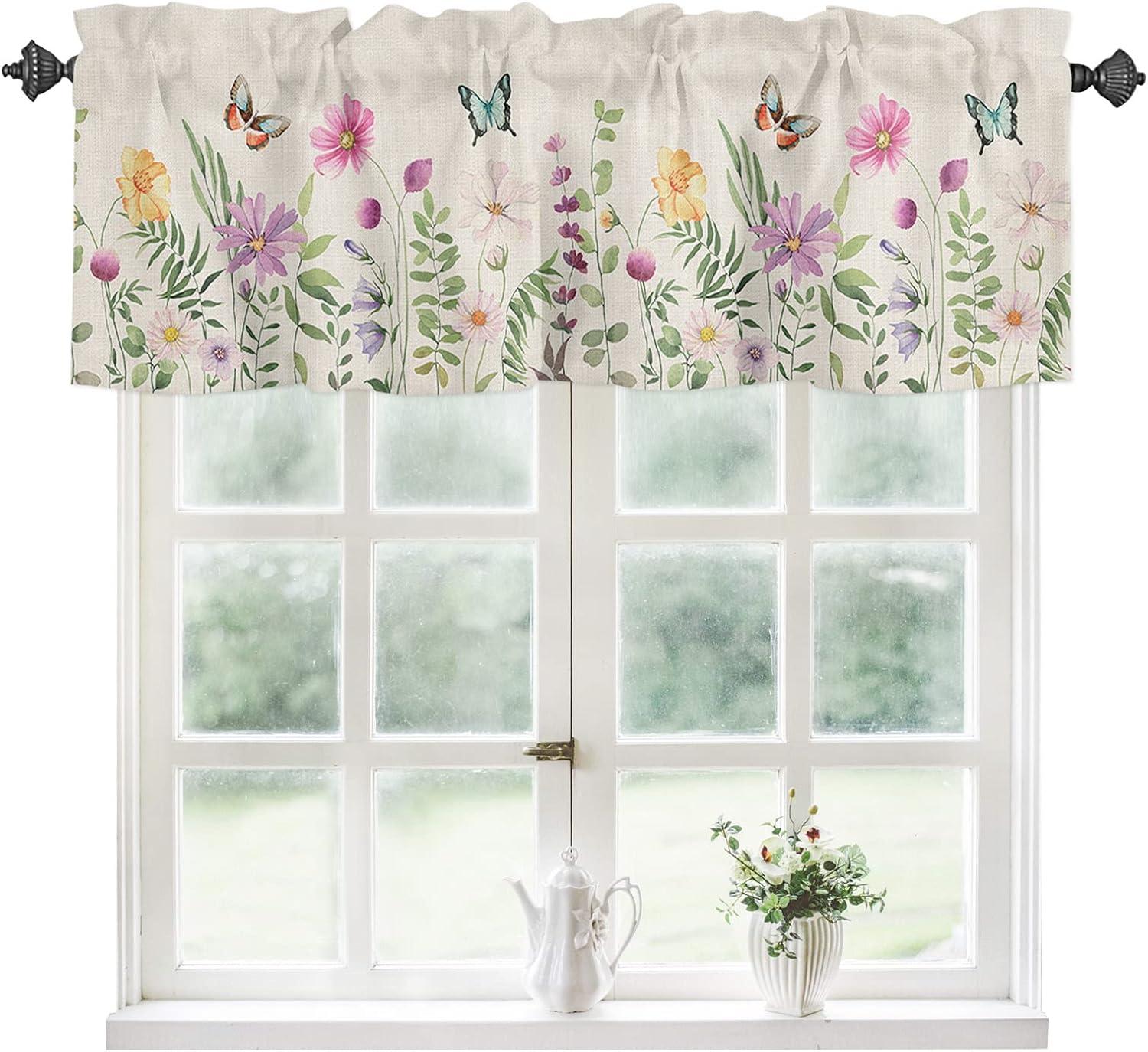 Spring Watercolor Floral Print Valance with Rod Pocket, 54" x 18"