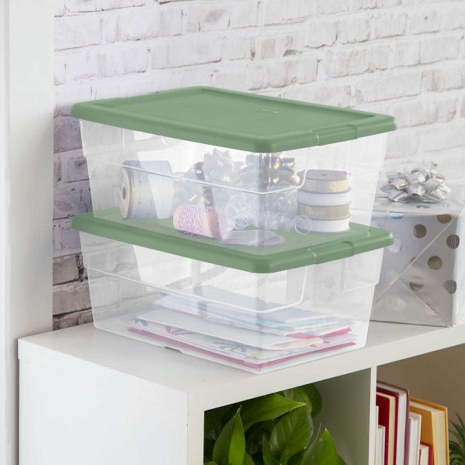 16 Quart Clear Plastic Storage Tote with Green Lid