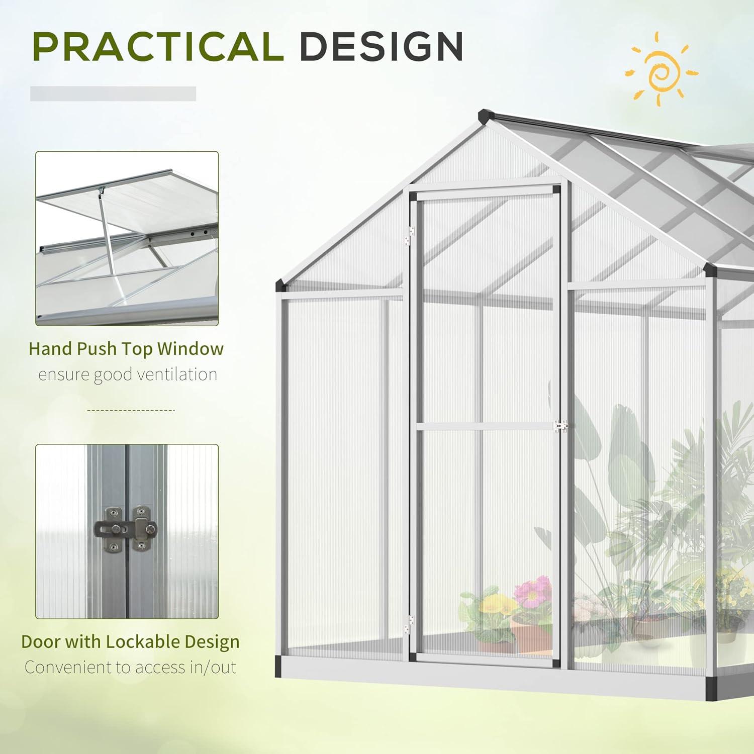 Outsunny Walk-In Polycarbonate Greenhouse with Roof Vent for Ventilation & Rain Gutter, Hobby Greenhouse for Winter