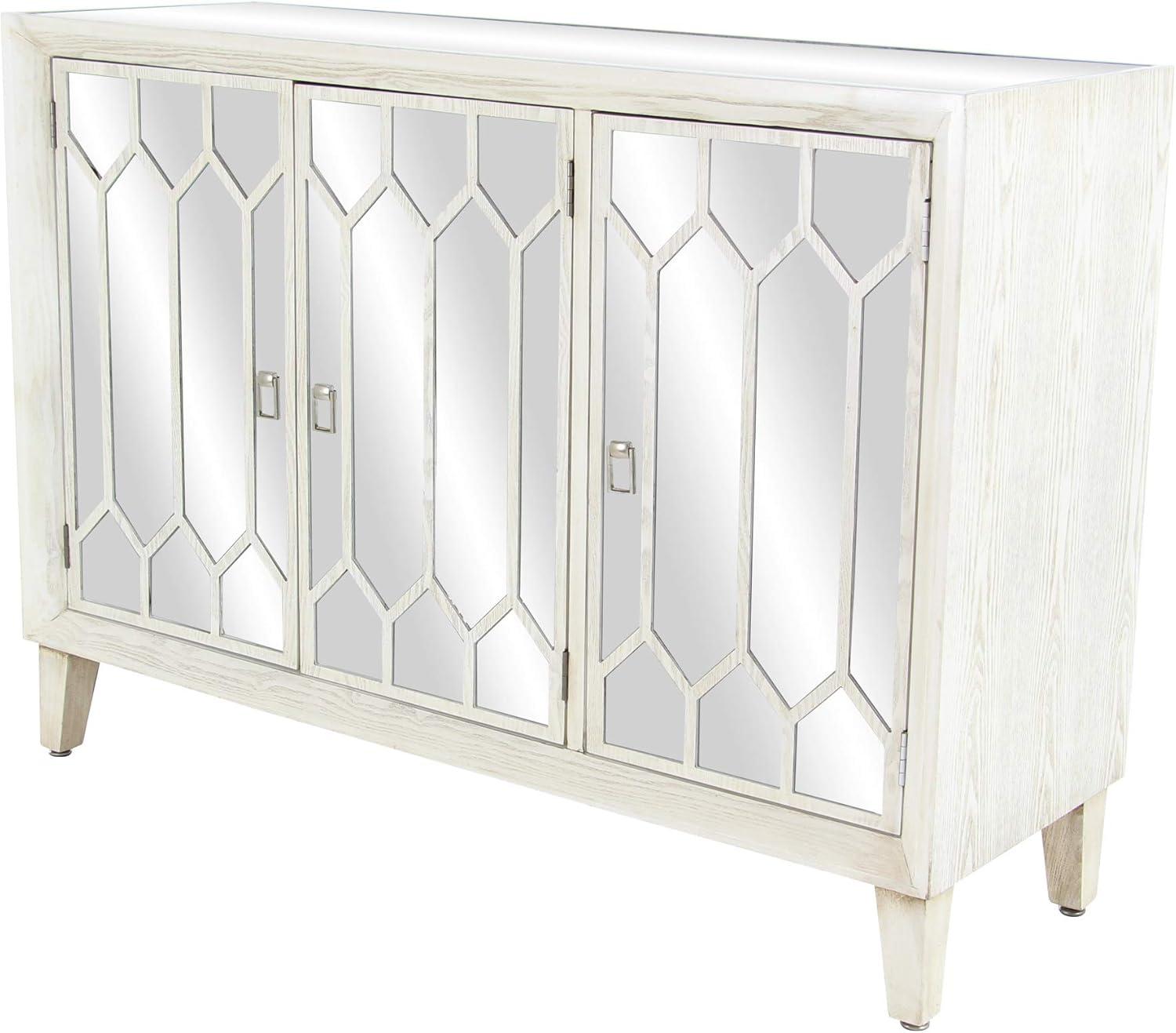 DecMode 47" x 34" White Wood Mirrored 1 Shelf and 3 Doors Geometric Cabinet, 1-Piece