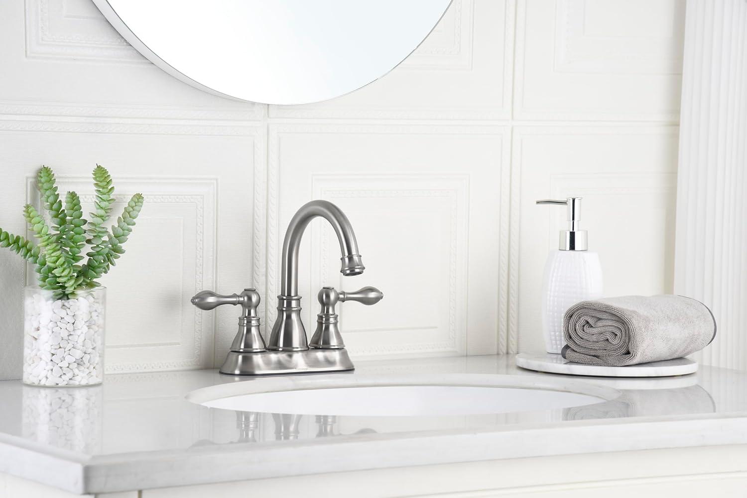 Two Handles Brushed Nickel Bathroom Faucet 3 Hole Sink Faucet with Overflow Pop up Drain, 360° Swivel Spout 4 Inch Centerset Lavatory Faucet Without Water Supply Lines,F-4501-BN