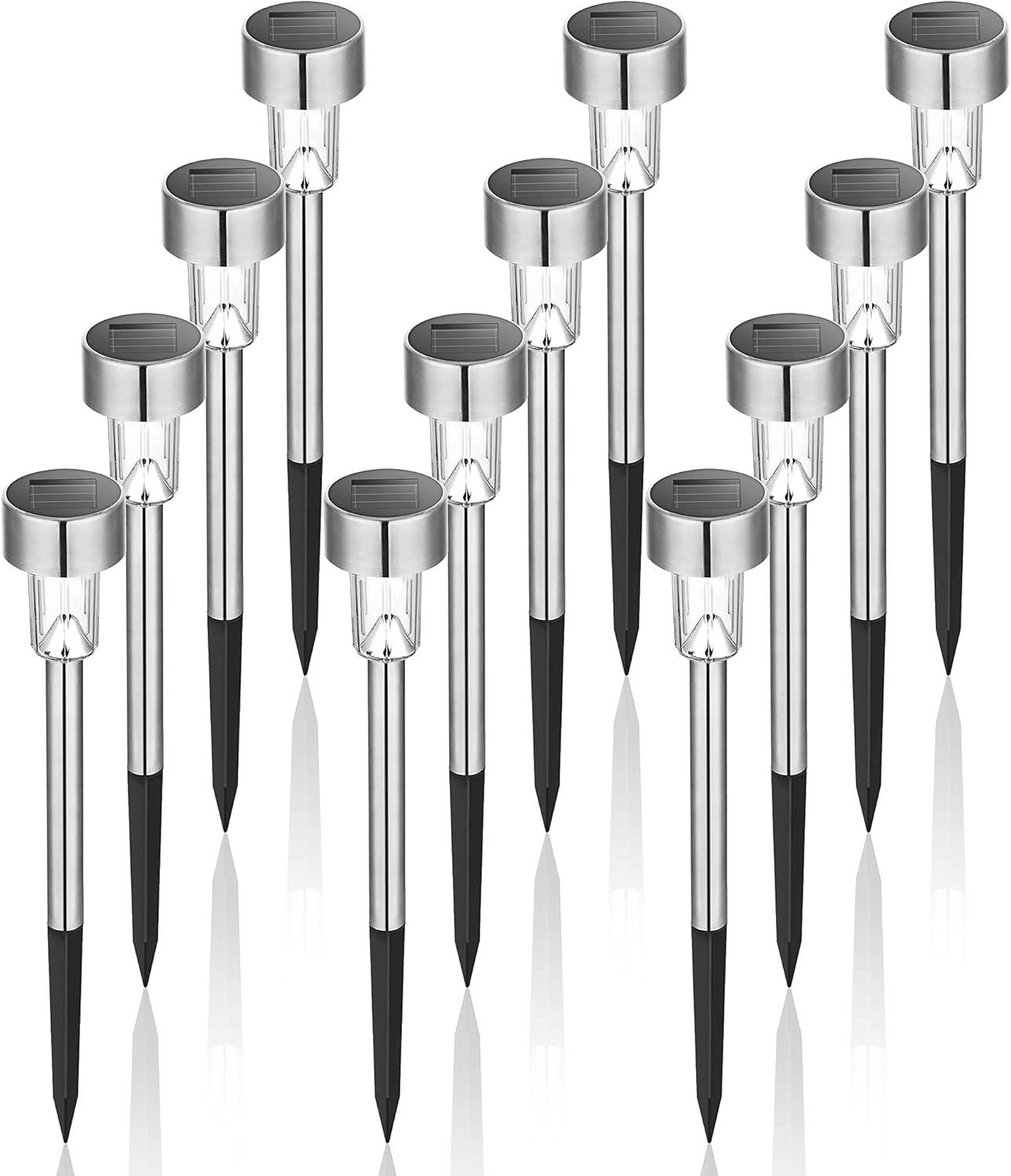 Stainless Steel LED Solar Pathway Lights, 12 Pack, Cold White