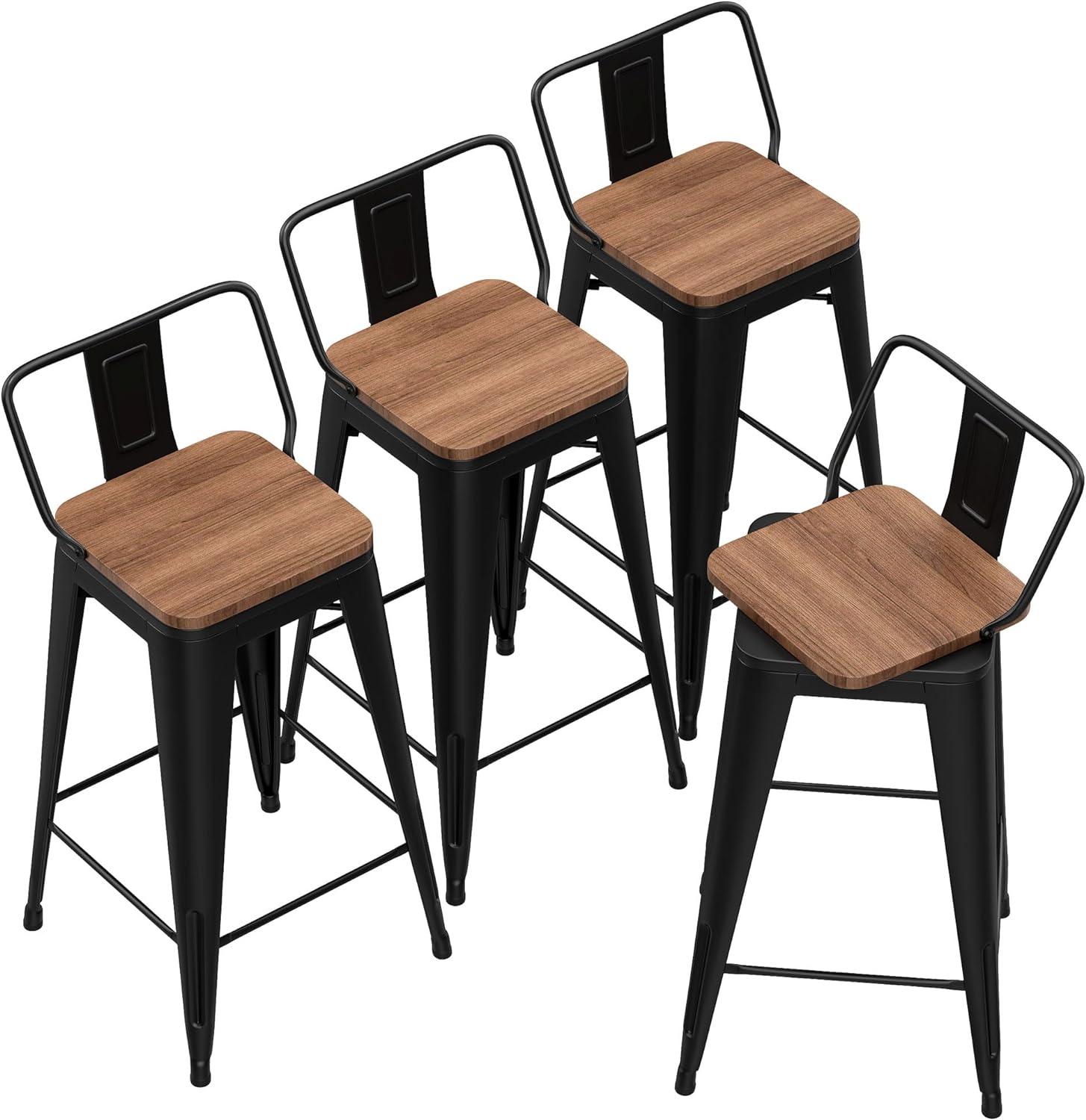 Industrial Black Metal Bar Stools with Wood Seats, Set of 4