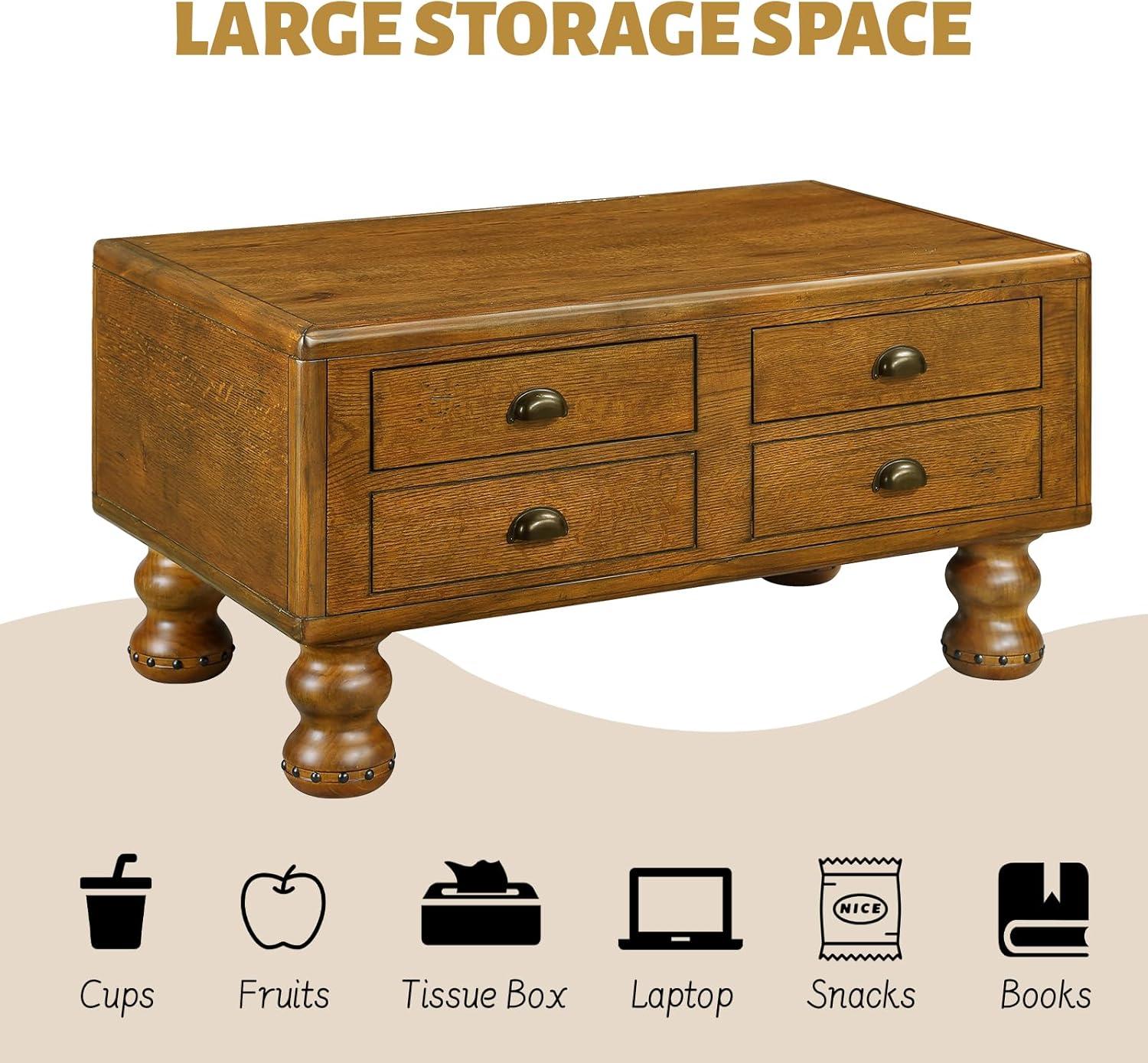 LKTART Wood Coffee Table with Storage Drawers, Vintage Rectangular Coffee Table for Living Room, Distressed Center Table with Rivet Decoration Legs(Rustic Brown, 40 inch)