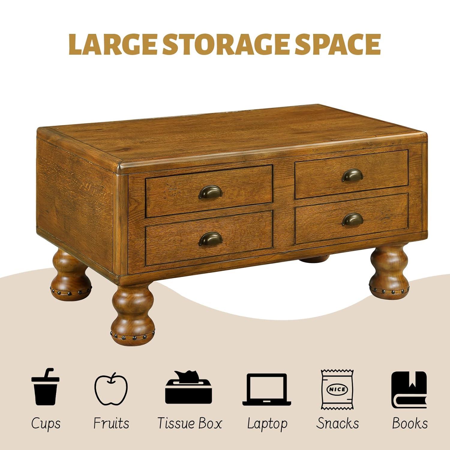 LKTART Wood Coffee Table with Storage Drawers, Vintage Rectangular Coffee Table for Living Room, Distressed Center Table with Rivet Decoration Legs(Rustic Brown, 40 inch)