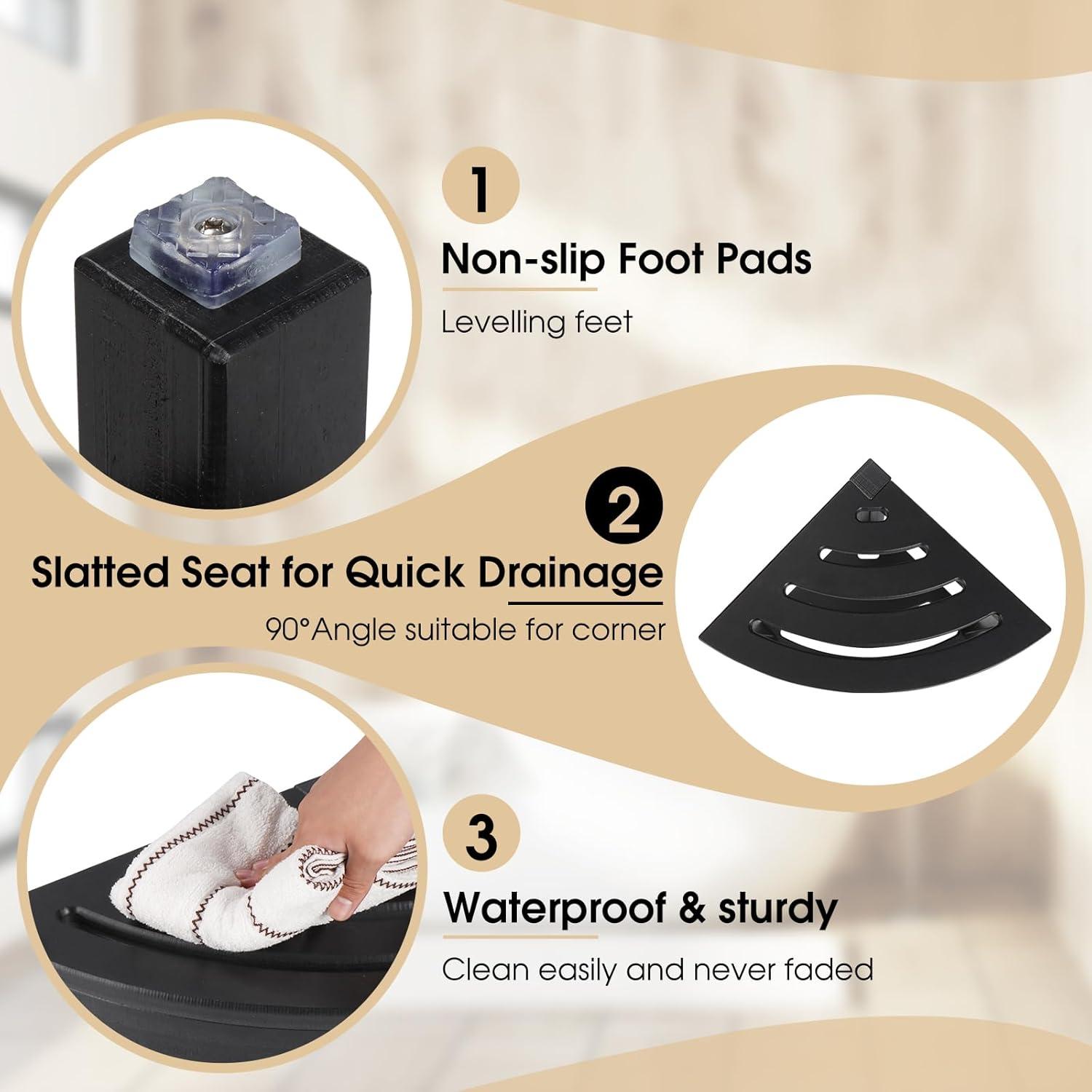 HDPE Corner Shower Stool,Shower Bench Seat with Storage Shelf for Shaving Legs Plastic Spa Bath Step Foot Rest for Bathroom Small Place (Black)