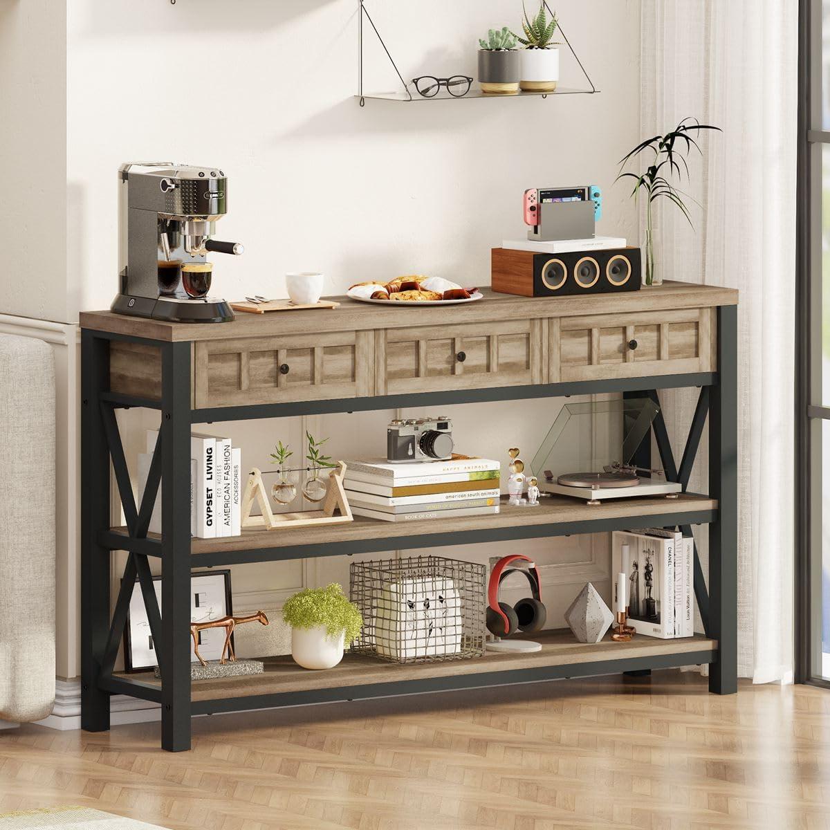 Industrial Rustic Oak Wood and Metal Console Table with Storage