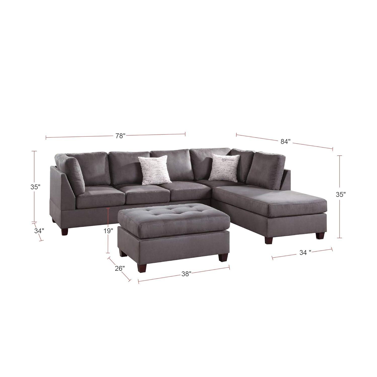 Poundex 3 Piece Fabric Sectional Sofa Set with Ottoman in Gray