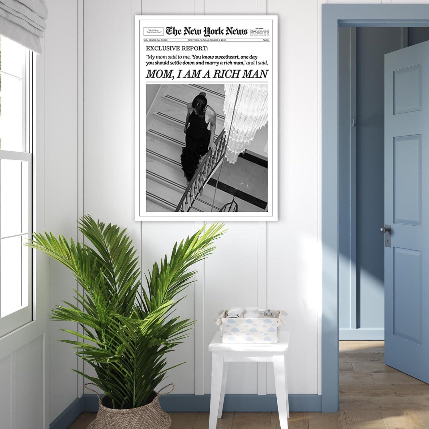 Trendy Black and White Newspaper Canvas Wall Art Poster