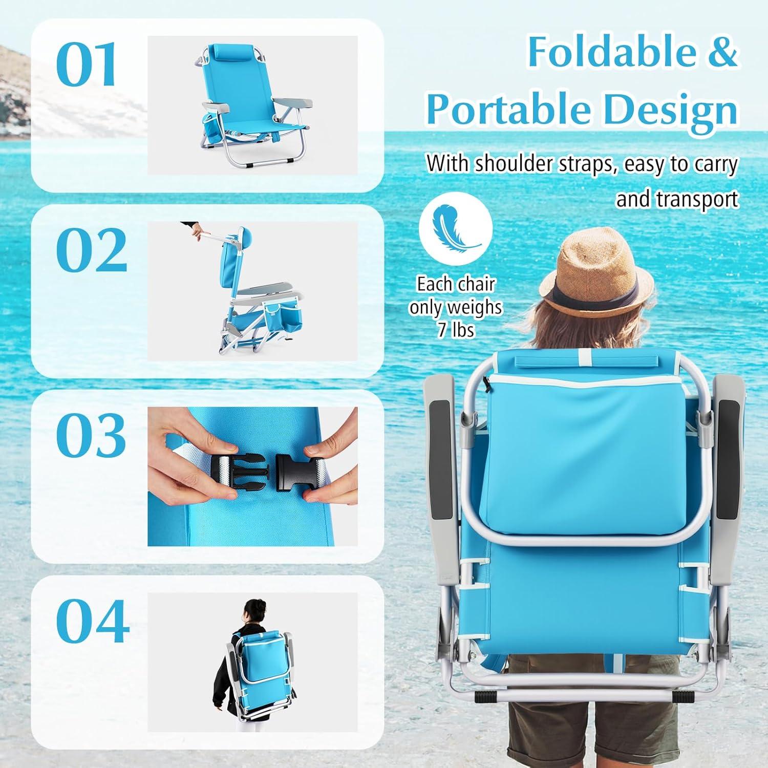 Barara King Folding Chair, Outdoor Lounge Chair,Foldable Backpack Beach Chair with Cup Holder and Storage Pockets Set of 2-Blue