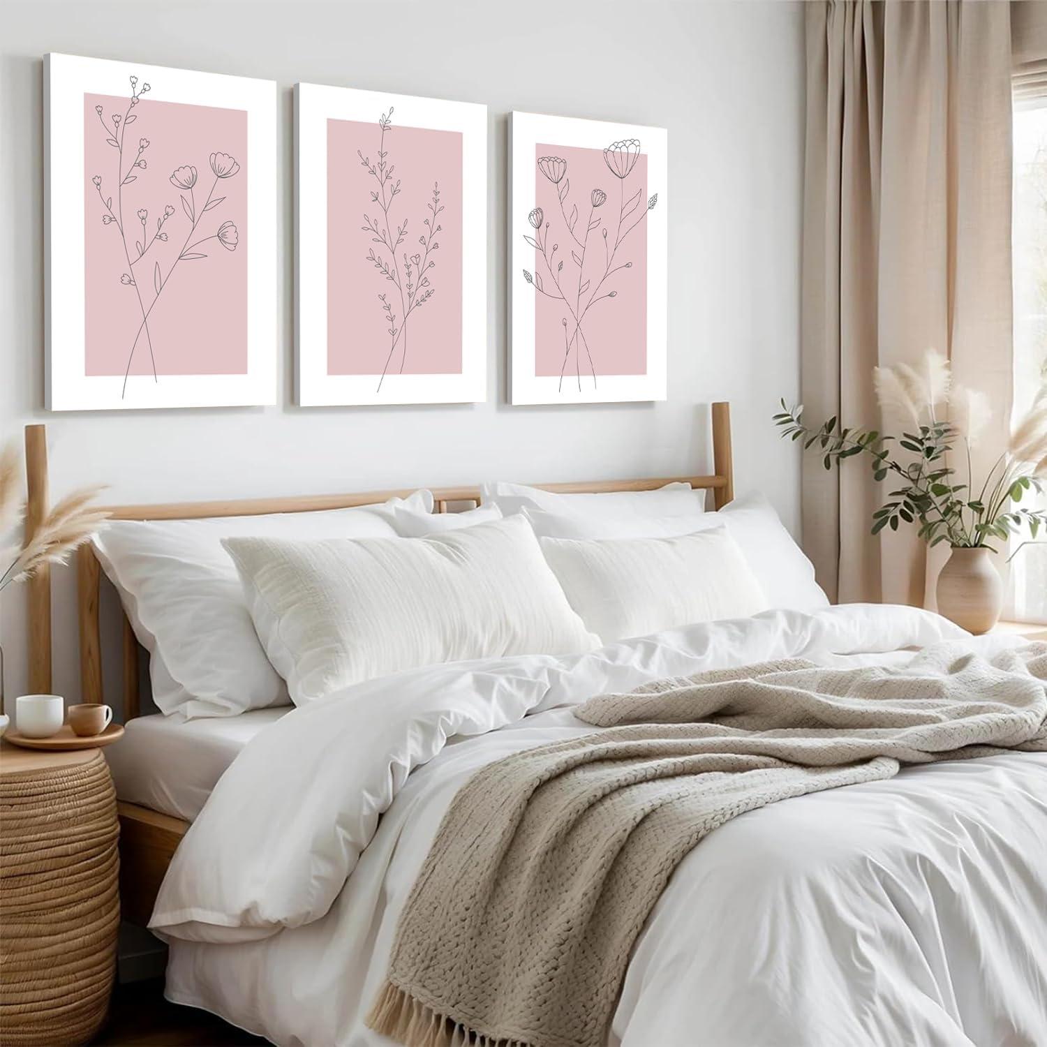 Lark Manor™ 3 Pieces Minimalism Botanical Canvas Wall Art Pink Flowers Line Plants Pictures Wall Decor Posters Print Artwork For Girls' Room Living Room Bedroom Bathroom Office Home Decoration
