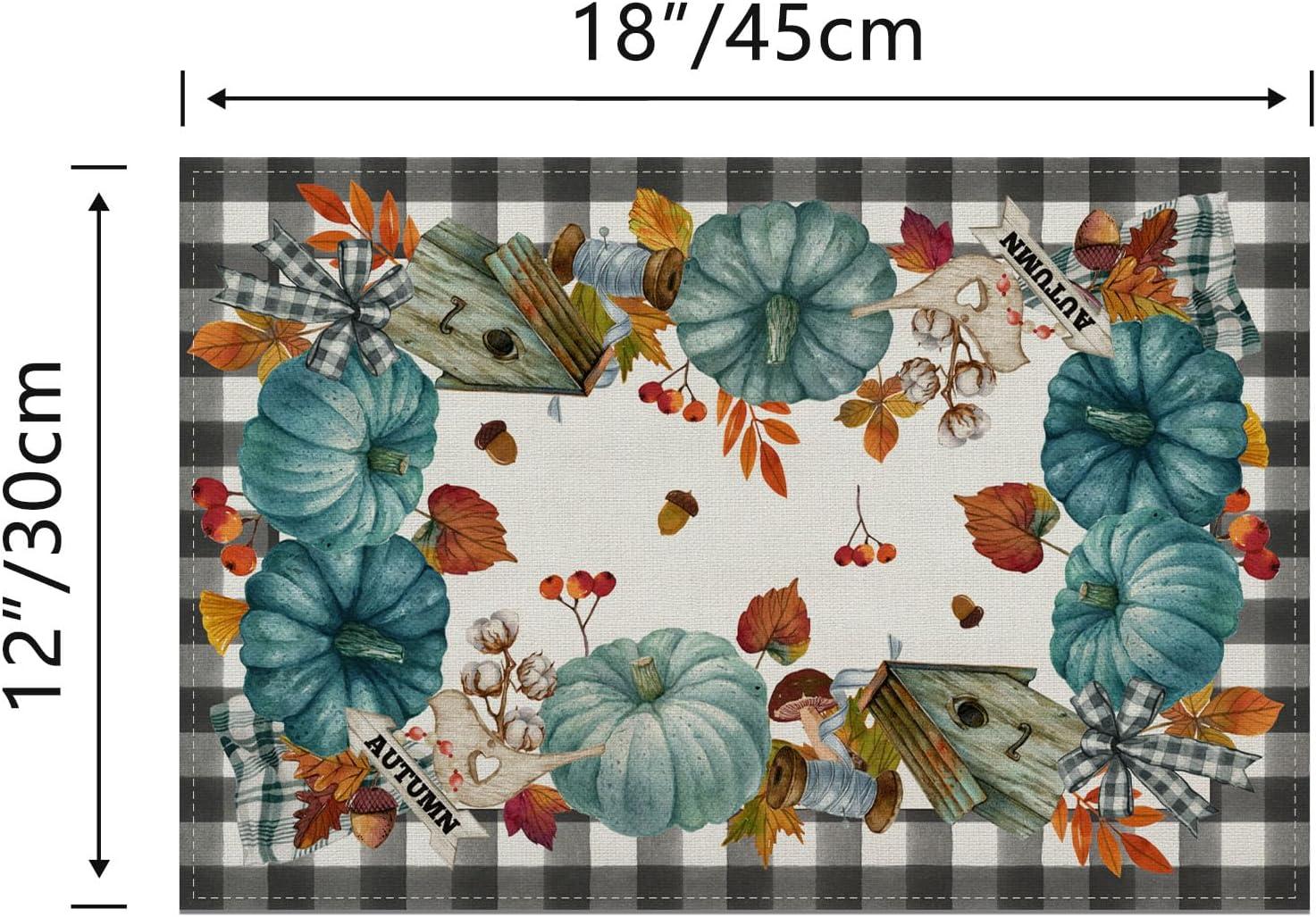 Linen Fall Placemats Set of 4 Blue Pumpkin Table Mats Buffalo Plaid Autumn Maple Leaves Pumpkin Decor Harvest Fall Harvest Decorations and Supplies for Home Kitchen Table-12×18''''