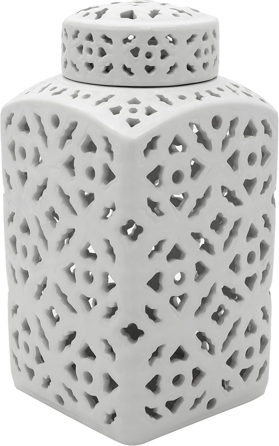12" White Carved Square Ginger Jar