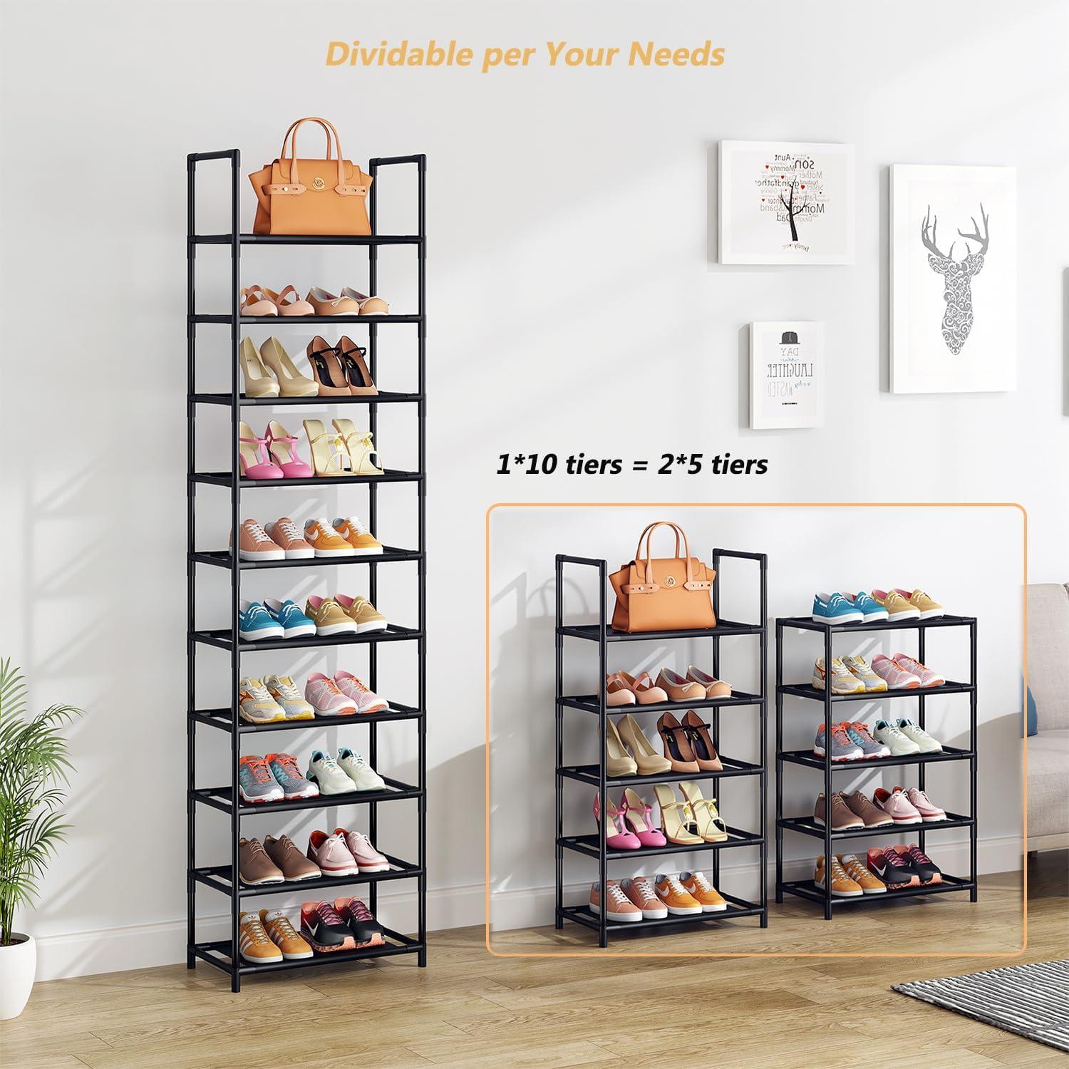 10 Tier Metal Shoes Rack, BUG HULL Narrow Stackable Shoes Shelf with Hooks, Shoe Tower for 20-24 Pairs Shoe and Boots Organizer, Black