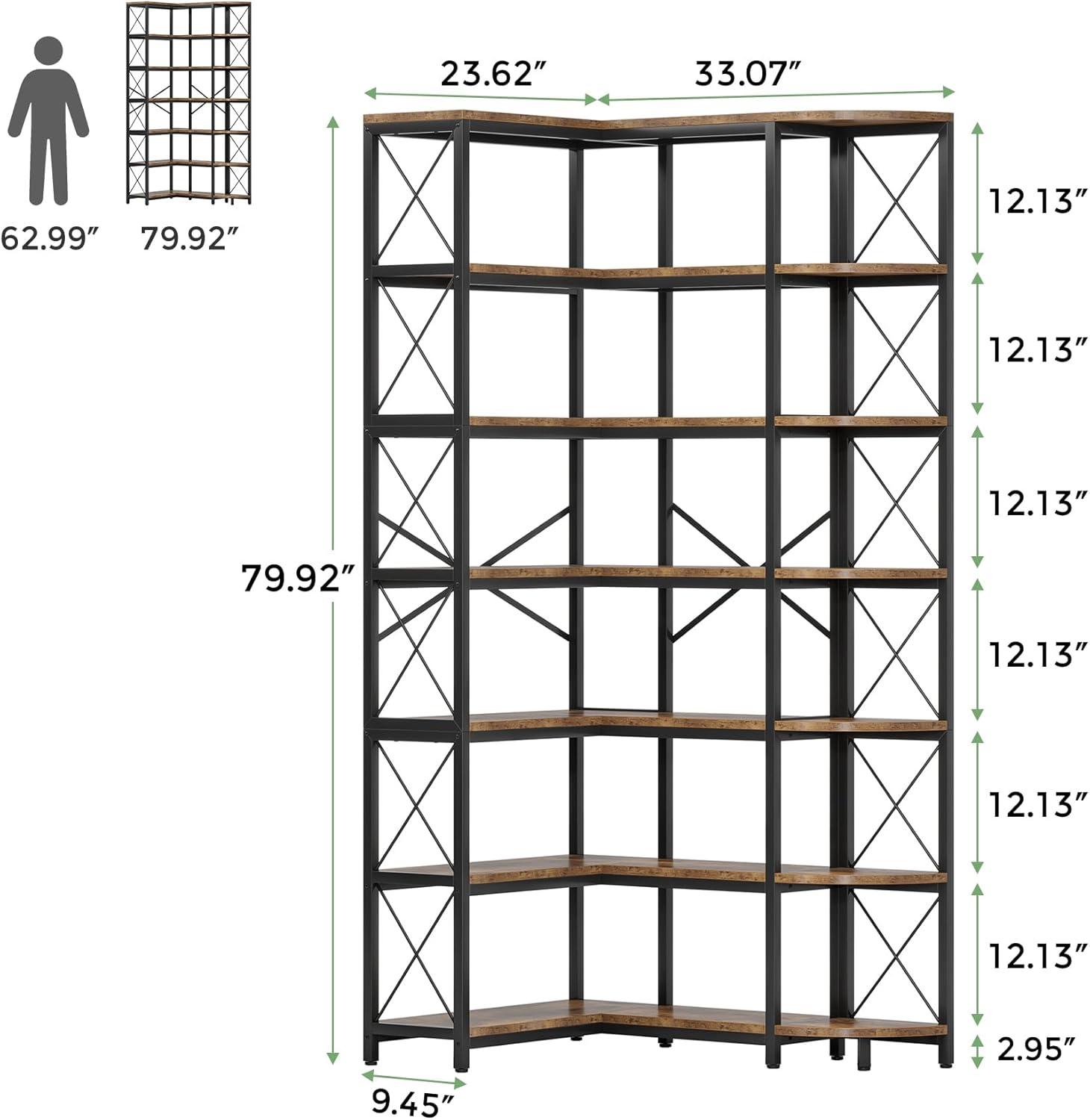 7-Shelf Reversible Corner Bookshelf, Modern Industrial Tall Bookcase, 7-Tier Large L-Shaped Storage Shelf Display Rack with Metal Frame for Living Room, Home Office, Bedroom, Rustic Brown