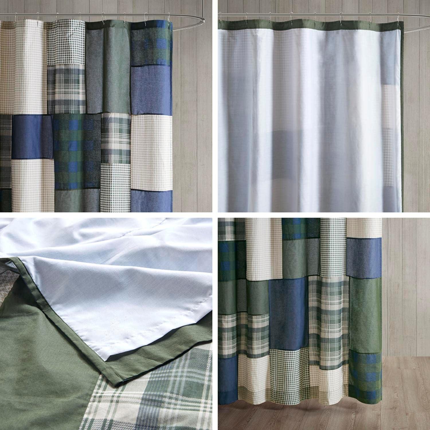 72"x72" Mill Creek Pieced Cotton Shower Curtain Green - Woolrich: Percale Fabric, Buttonhole Top, Easy Care