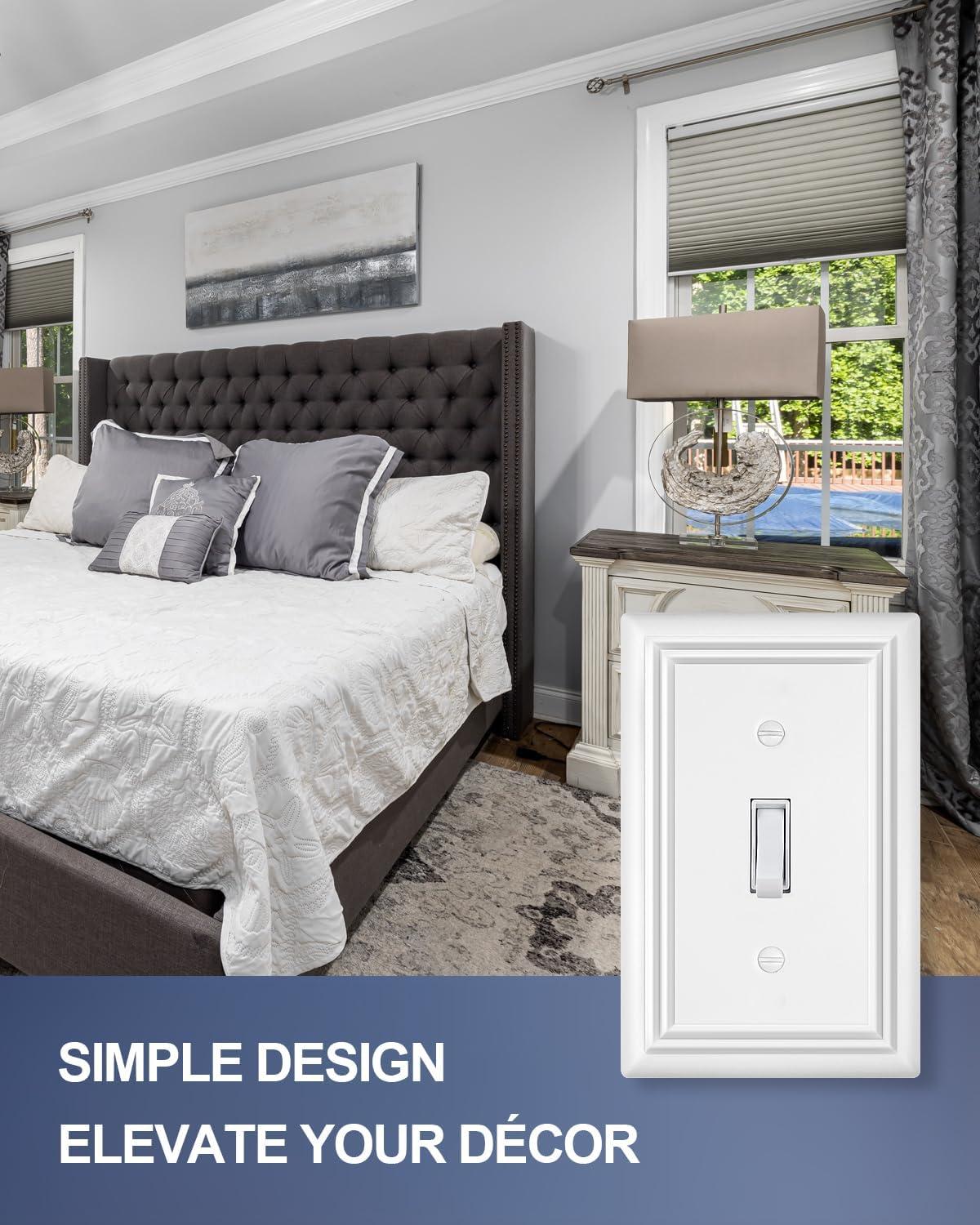 Modern Decorative Wall Plate Switch Plate Outlet Cover, Vintage Retro Wood Grain Design(Single Toggle-4 Pack, White)